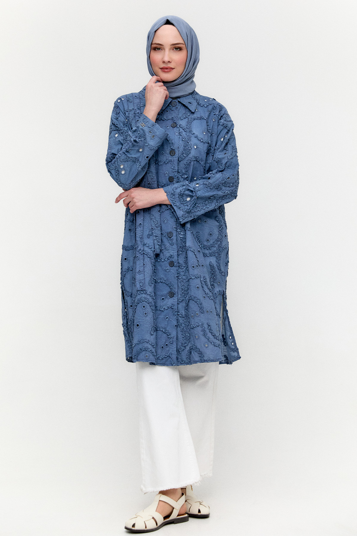 Pamuklu Oversize Brode Tunik, Tesettür Giyim