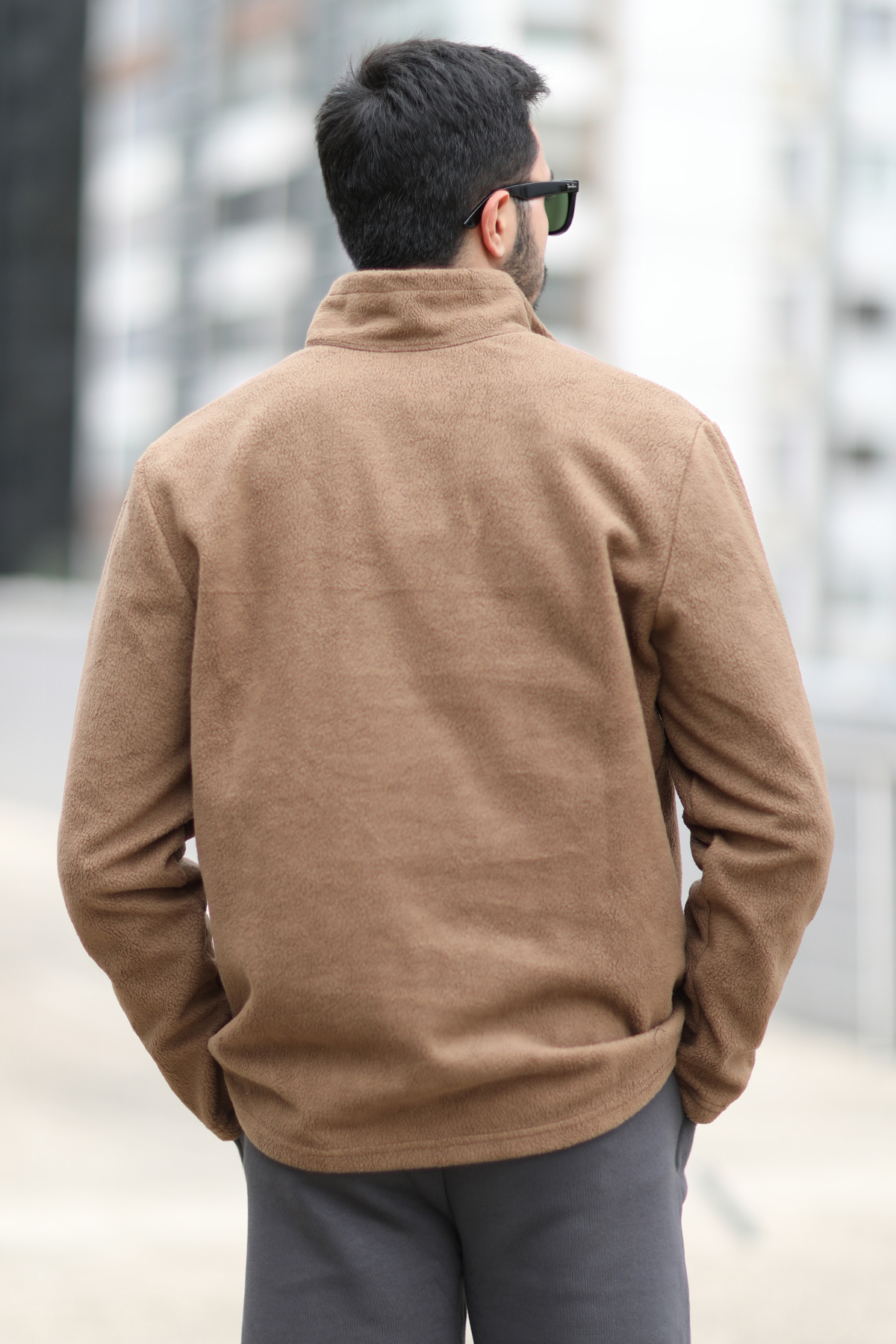 Erkek Kışlık Polarlı Sweatshirt Kahverengi Yarım Fermuarlı Dik