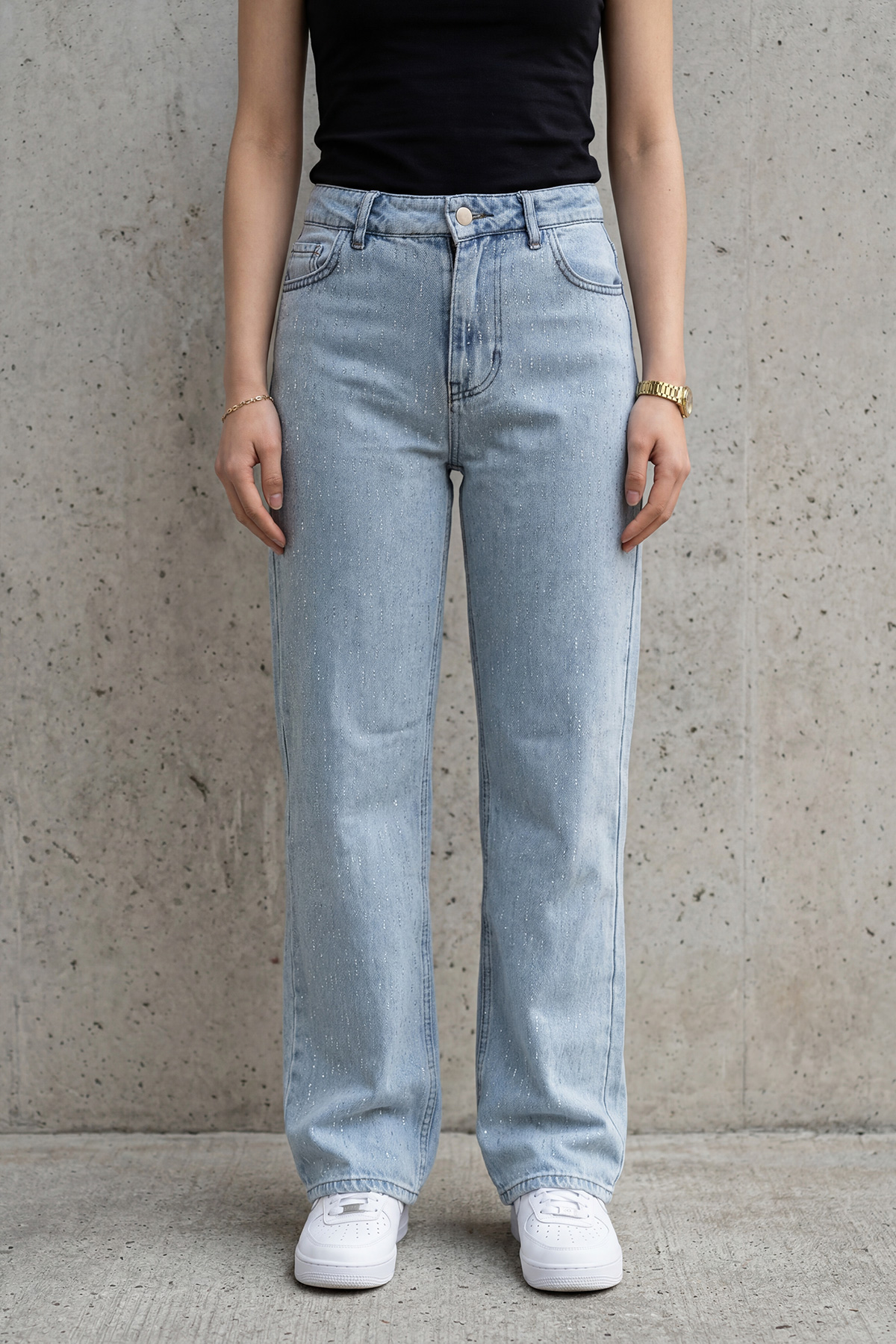 Minik Aplike Taş Detaylı Düz Paça Denim Kot Pantolon Kadın |  