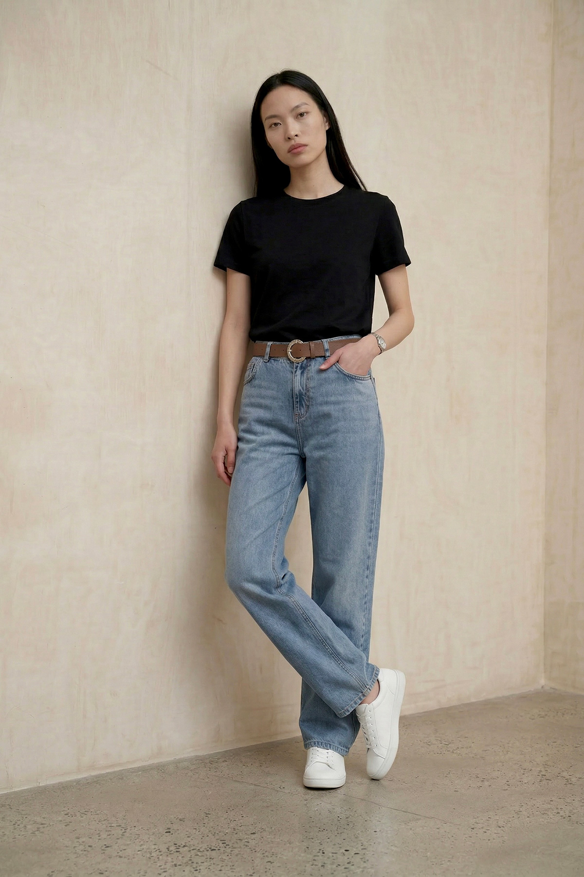 Kahve Deri Kemerli Düz Paça Basic Denim Kot Pantolon Kadın |  