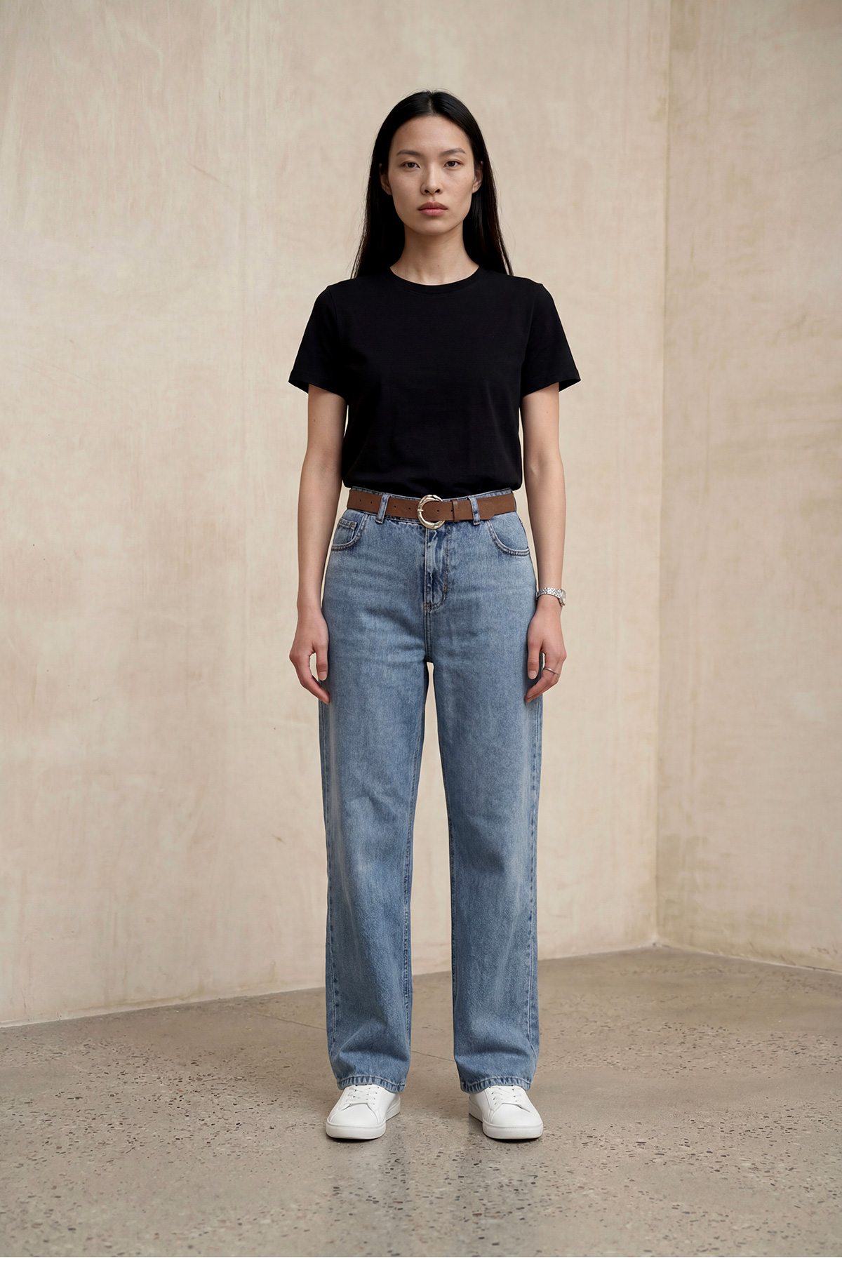 Kahve Deri Kemerli Düz Paça Basic Denim Kot Pantolon Kadın |  