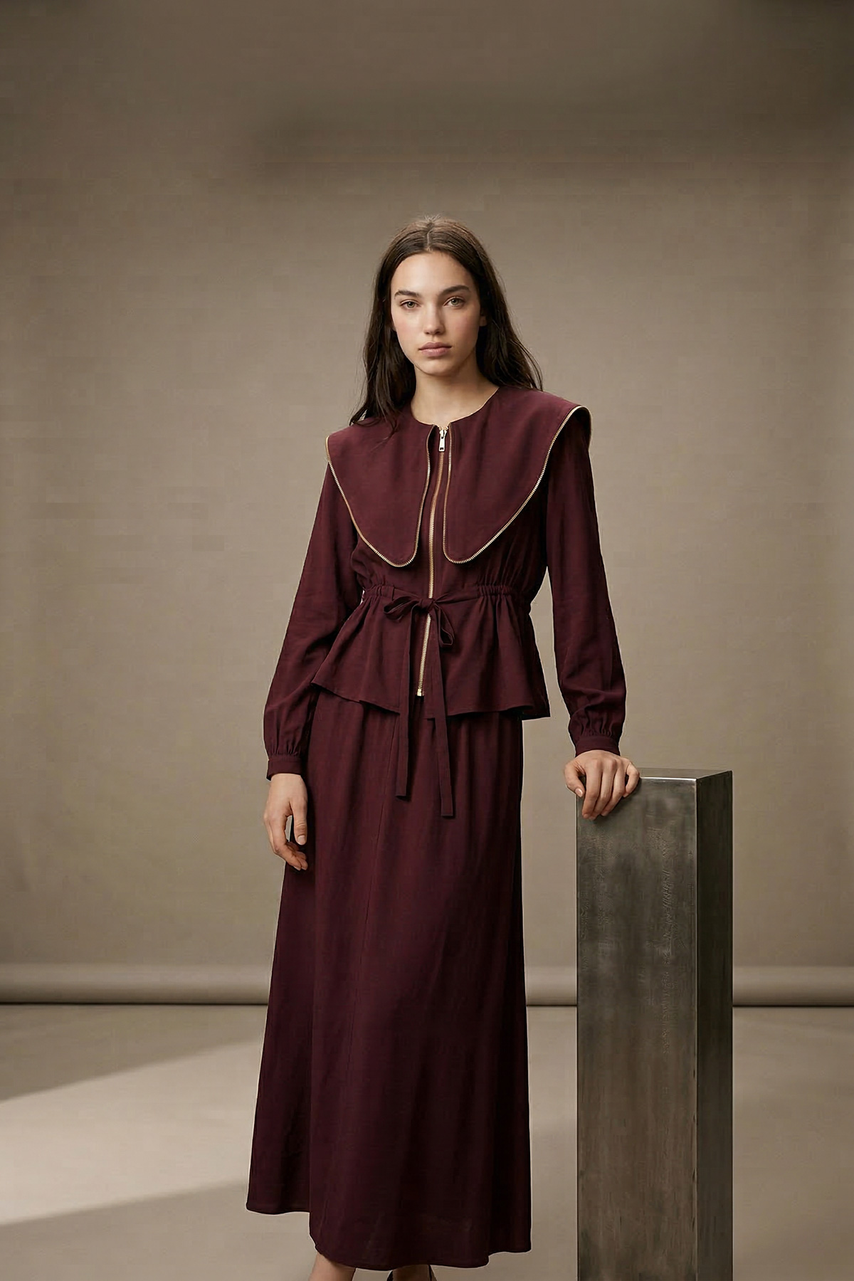 Modal Tensel Kumaş Fermuarlı Büyük Yakalı Kemer Detaylı Ceket Etek Kadın Takım |  