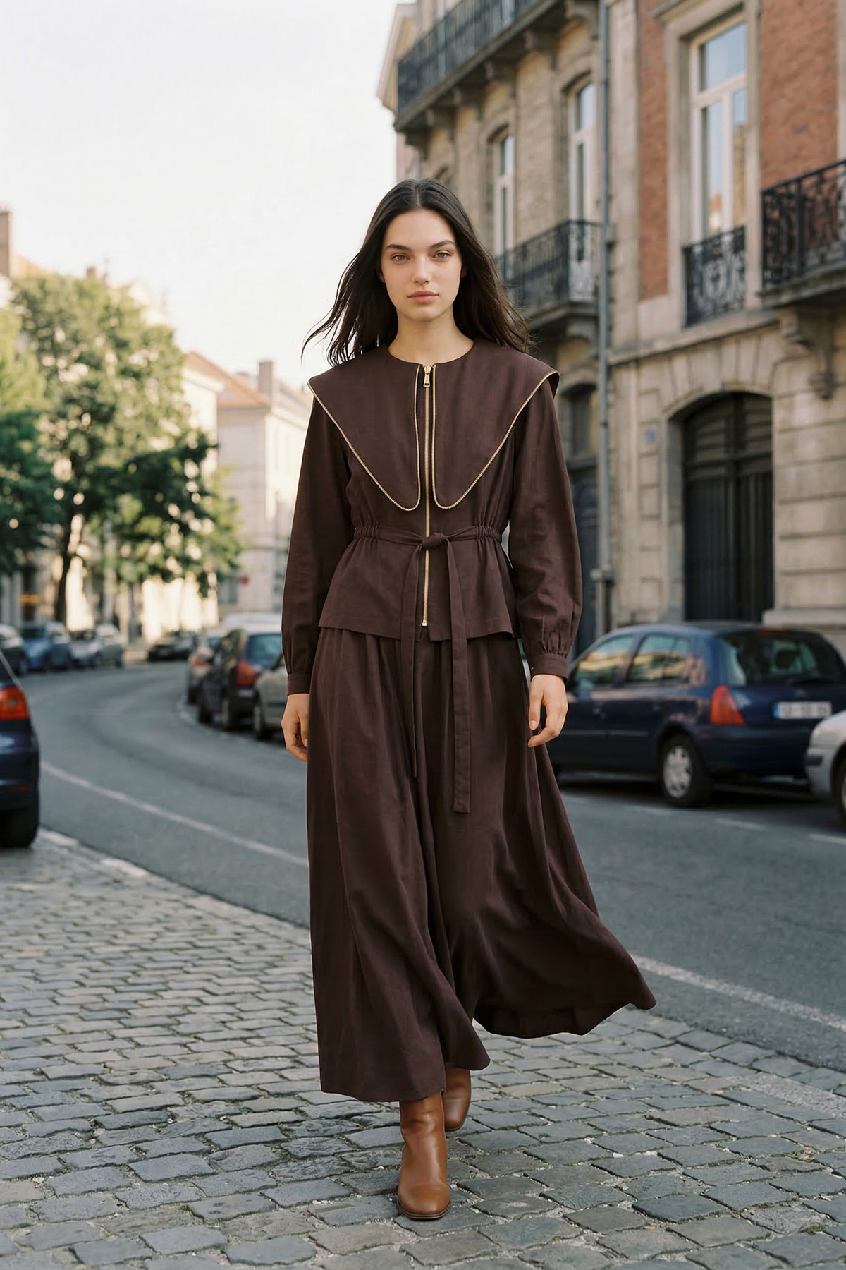 Modal Tensel Kumaş Fermuarlı Büyük Yakalı Kemer Detaylı Ceket Etek Kadın Takım |  