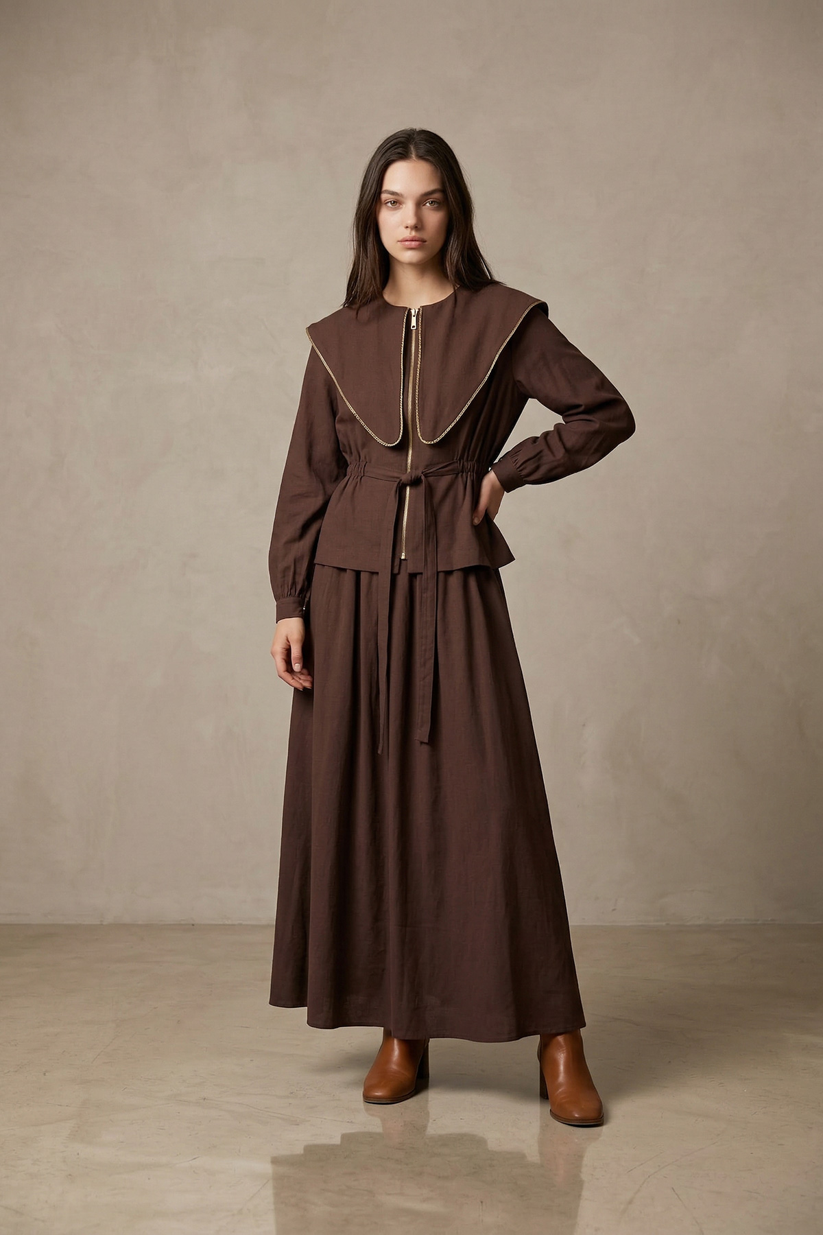 Modal Tensel Kumaş Fermuarlı Büyük Yakalı Kemer Detaylı Ceket Etek Kadın Takım |  