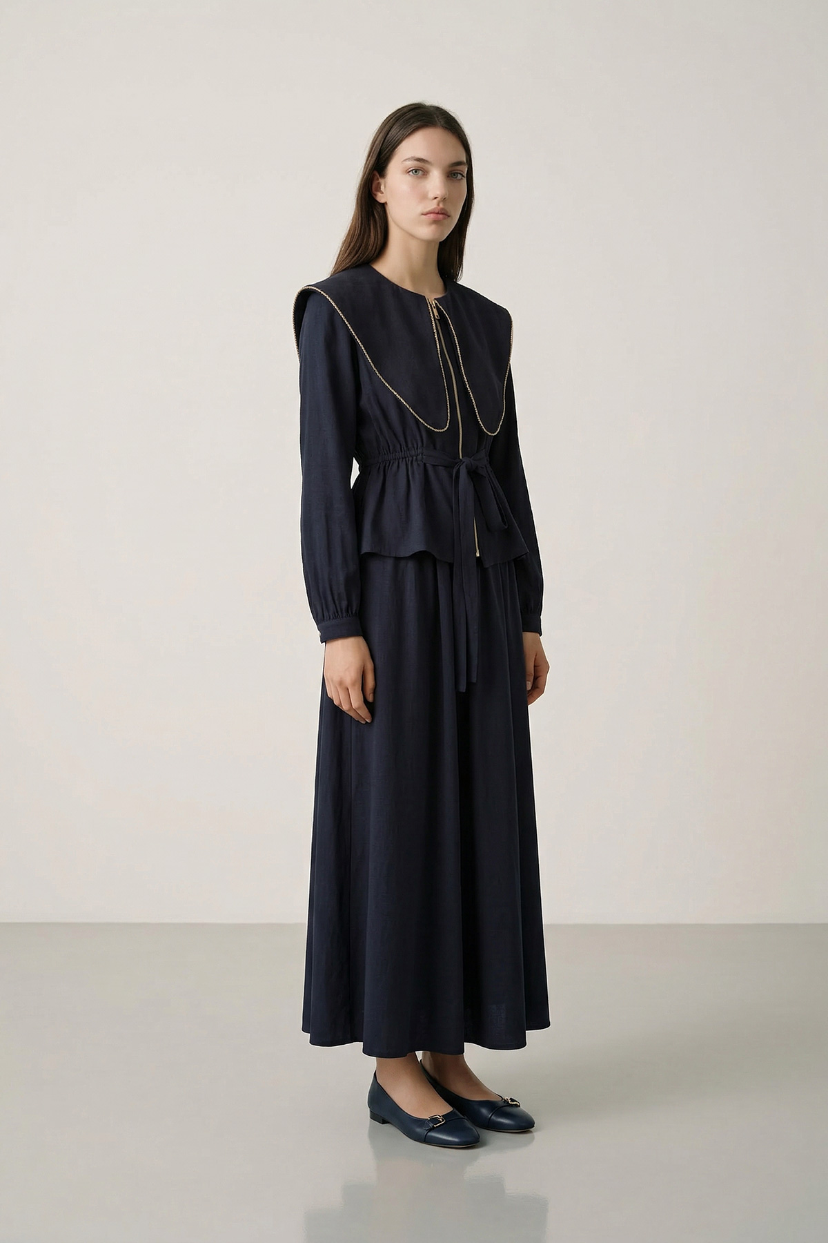 Modal Tensel Kumaş Fermuarlı Büyük Yakalı Kemer Detaylı Ceket Etek Kadın Takım |  