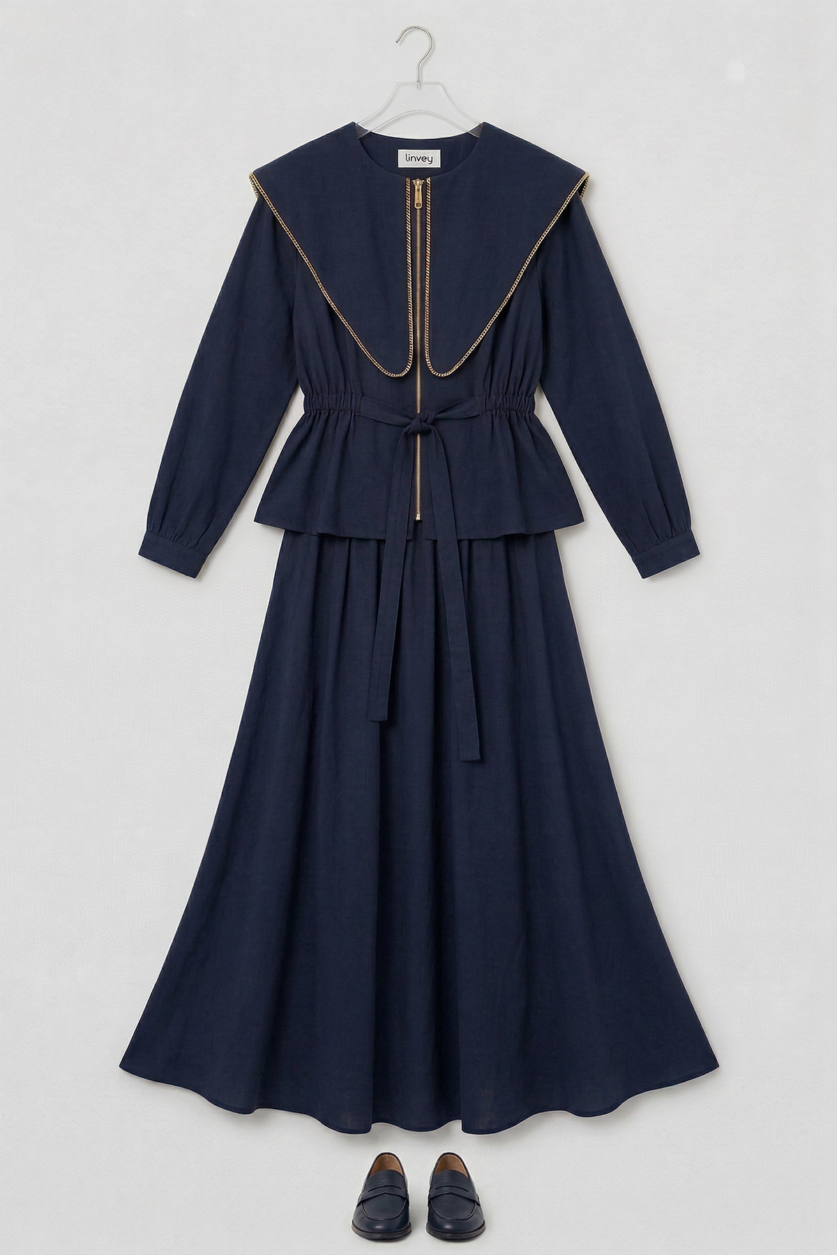 Modal Tensel Kumaş Fermuarlı Büyük Yakalı Kemer Detaylı Ceket Etek Kadın Takım |  