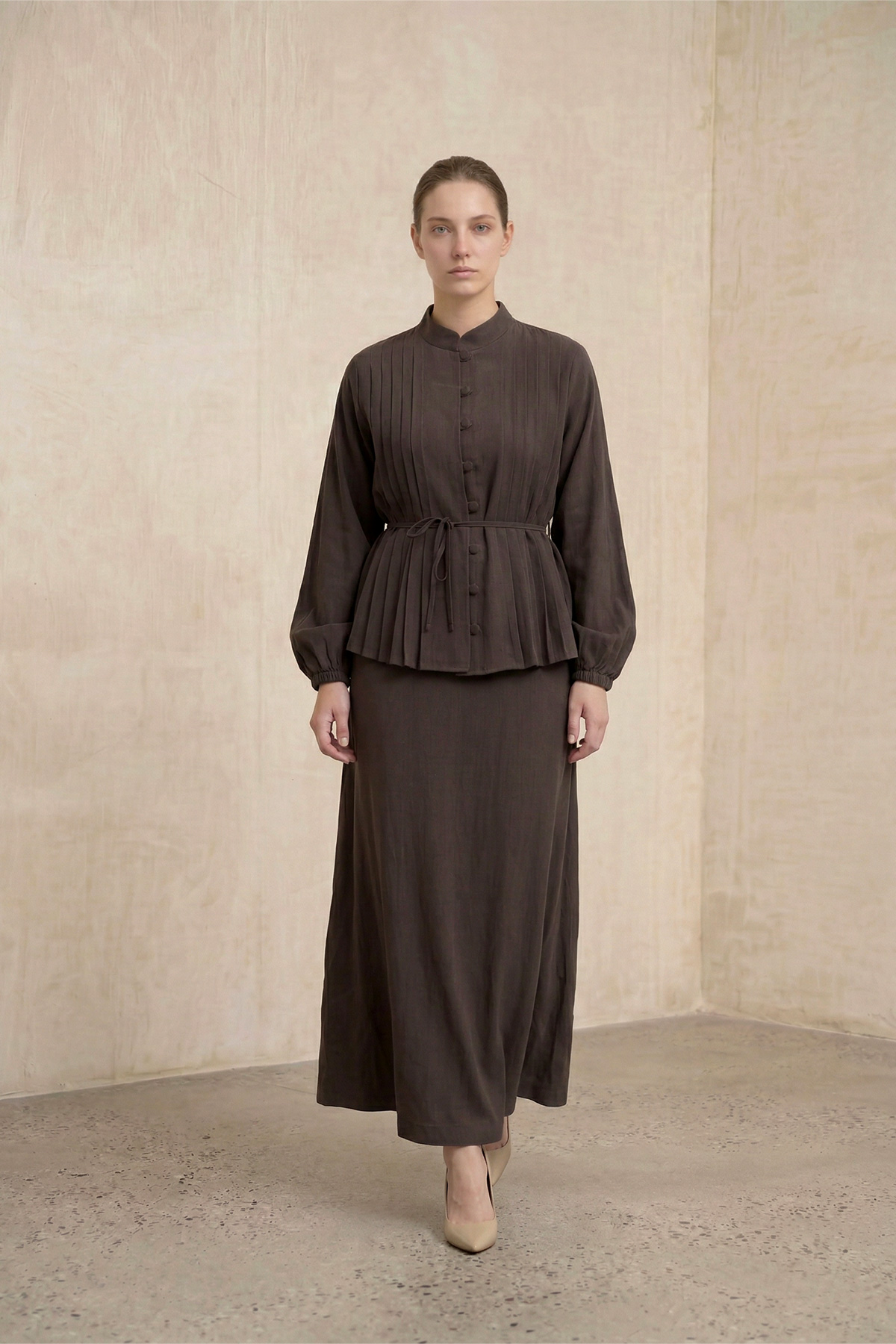 Önü Piliseli Düğmeli Kemer Detaylı Ceket Etek Kadın Takım |  