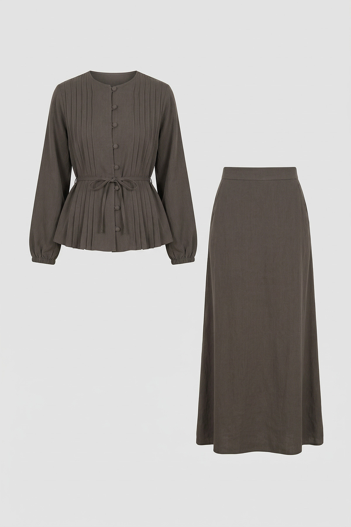 Önü Piliseli Düğmeli Kemer Detaylı Ceket Etek Kadın Takım |  