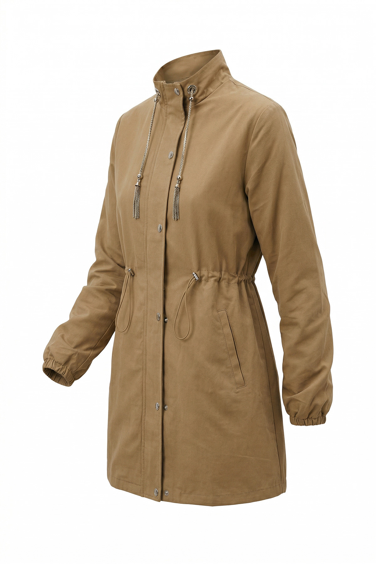 Fermuarlı Bel Büzgü Detaylı Rahat Kalıp Kısa Trençkot Kadın |  