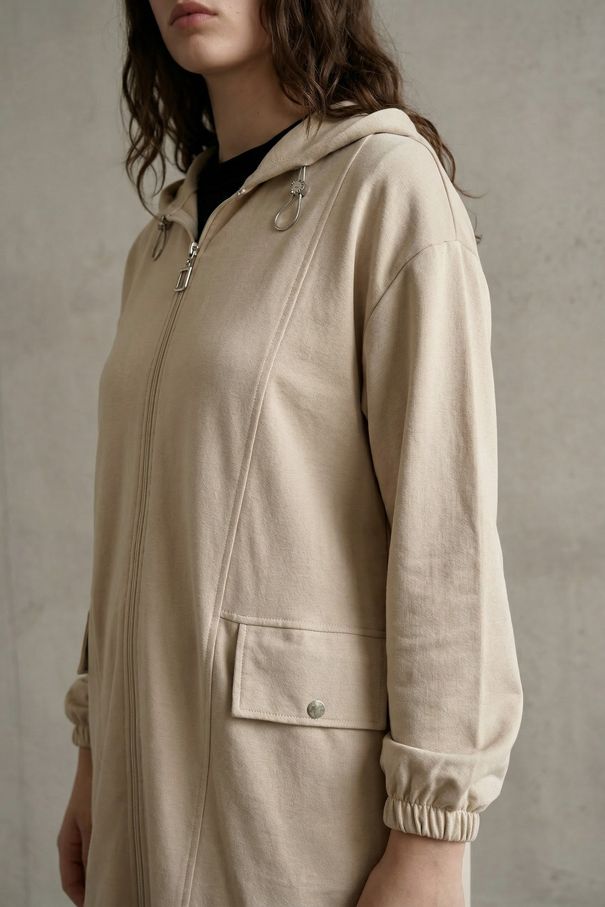 Oysho Kumaş Fermuarlı Kapüşonlu Rahat Kalıp Giy-Çık Kap Hırka Kadın |  