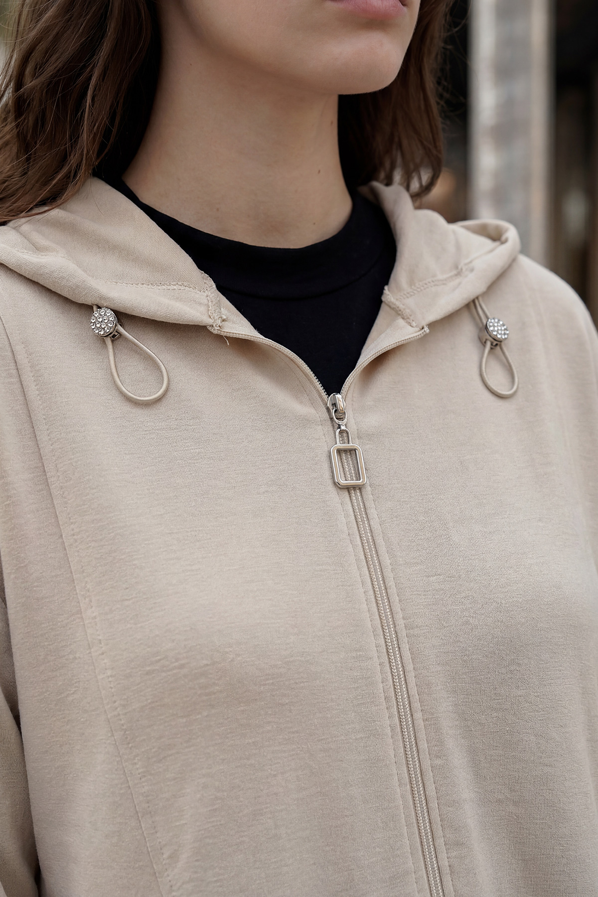 Oysho Kumaş Fermuarlı Kapüşonlu Rahat Kalıp Giy-Çık Kap Hırka Kadın |  