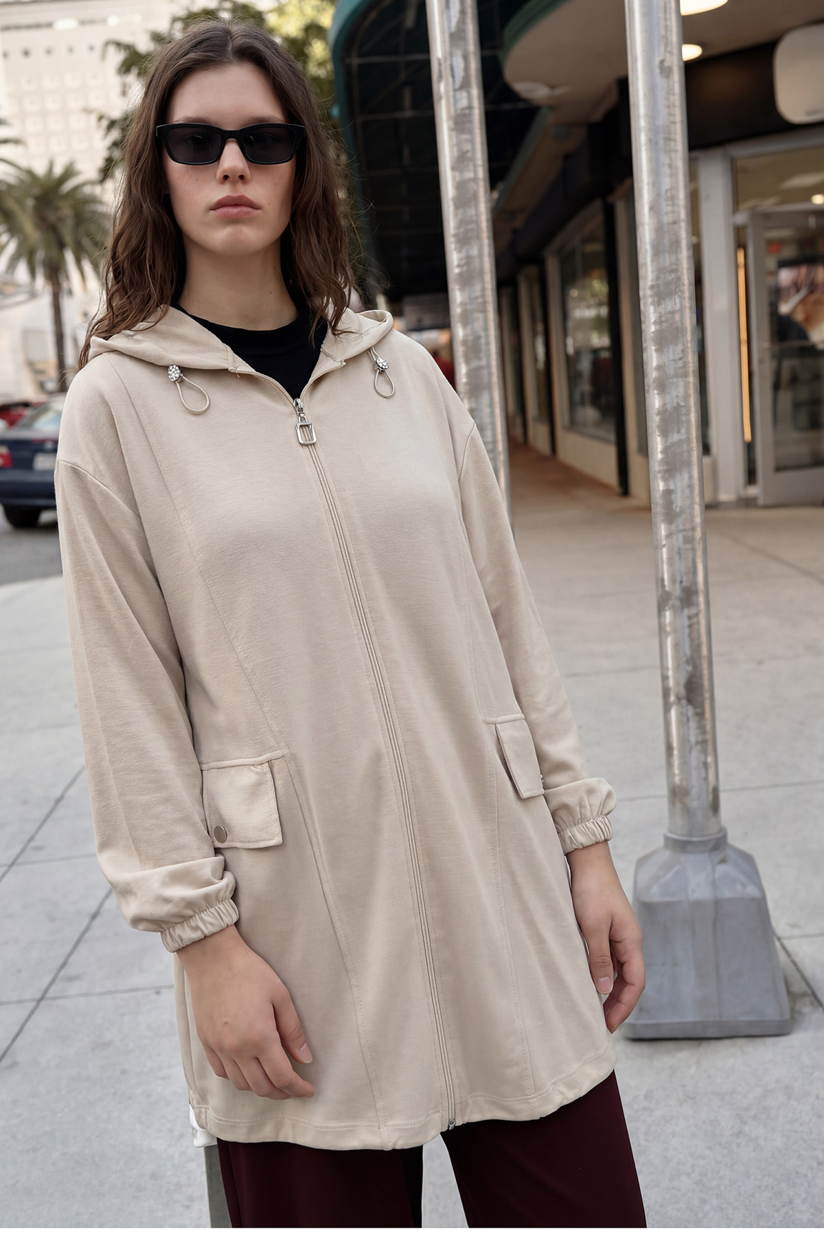 Oysho Kumaş Fermuarlı Kapüşonlu Rahat Kalıp Giy-Çık Kap Hırka Kadın |  