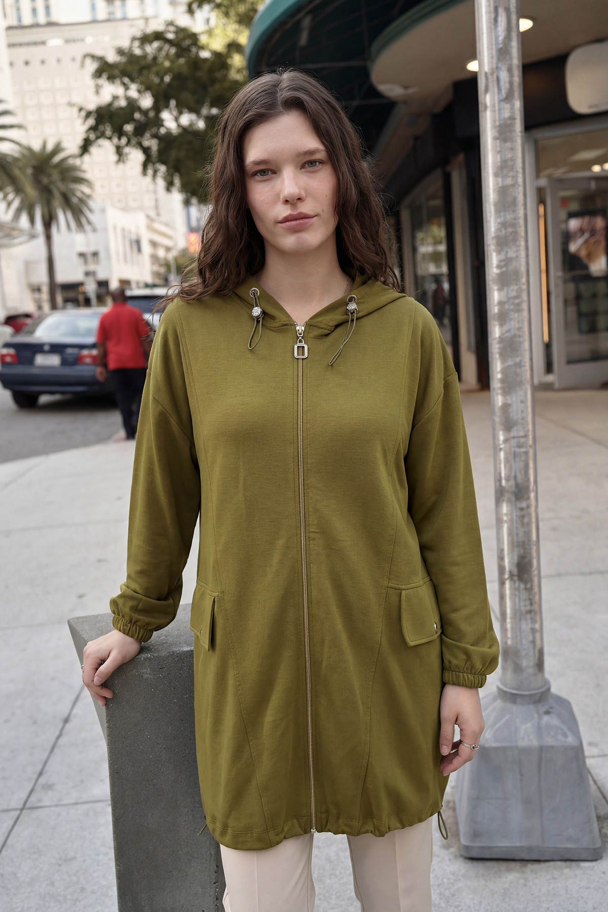 Oysho Kumaş Fermuarlı Kapüşonlu Rahat Kalıp Giy-Çık Kap Hırka Kadın |  