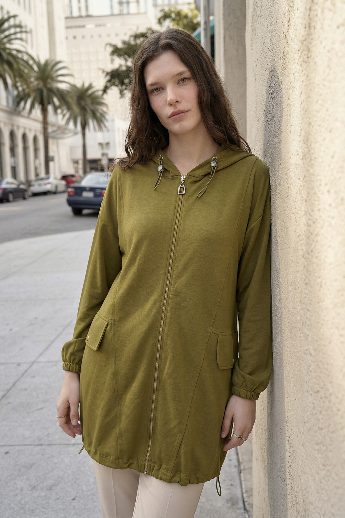 Oysho Kumaş Fermuarlı Kapüşonlu Rahat Kalıp Giy-Çık Kap Hırka Kadın |  