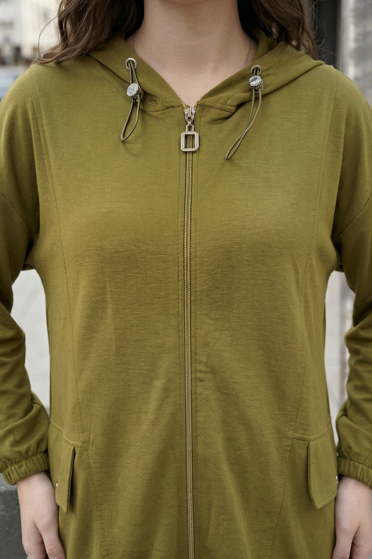 Oysho Kumaş Fermuarlı Kapüşonlu Rahat Kalıp Giy-Çık Kap Hırka Kadın |  