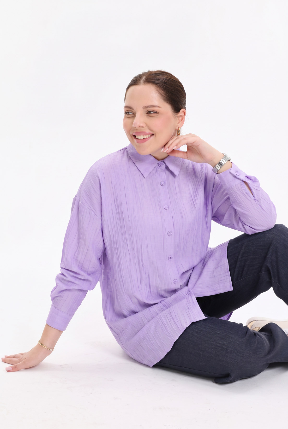 Çilek Kumaş Düğmeli Oversize Kadın Gömlek |  