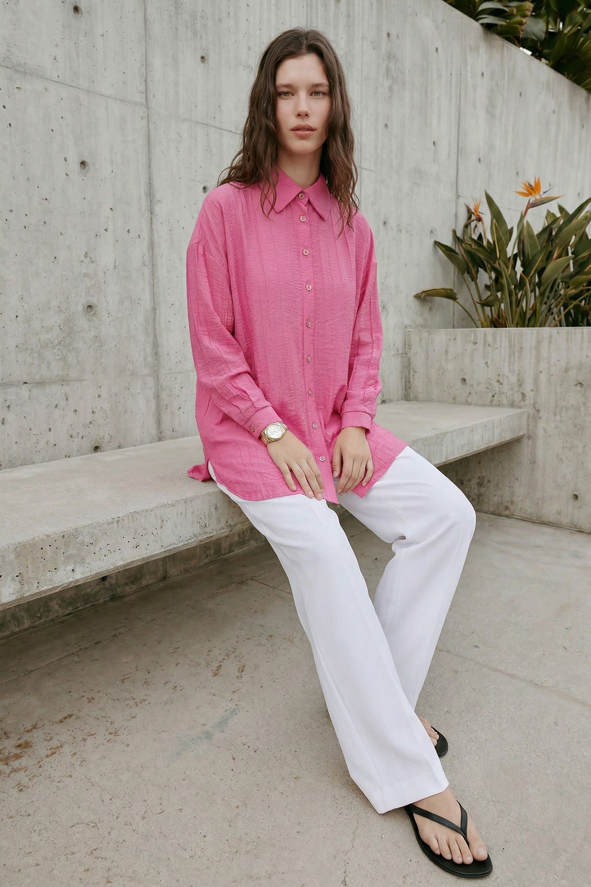 Çilek Kumaş Düğmeli Oversize Kadın Gömlek |  