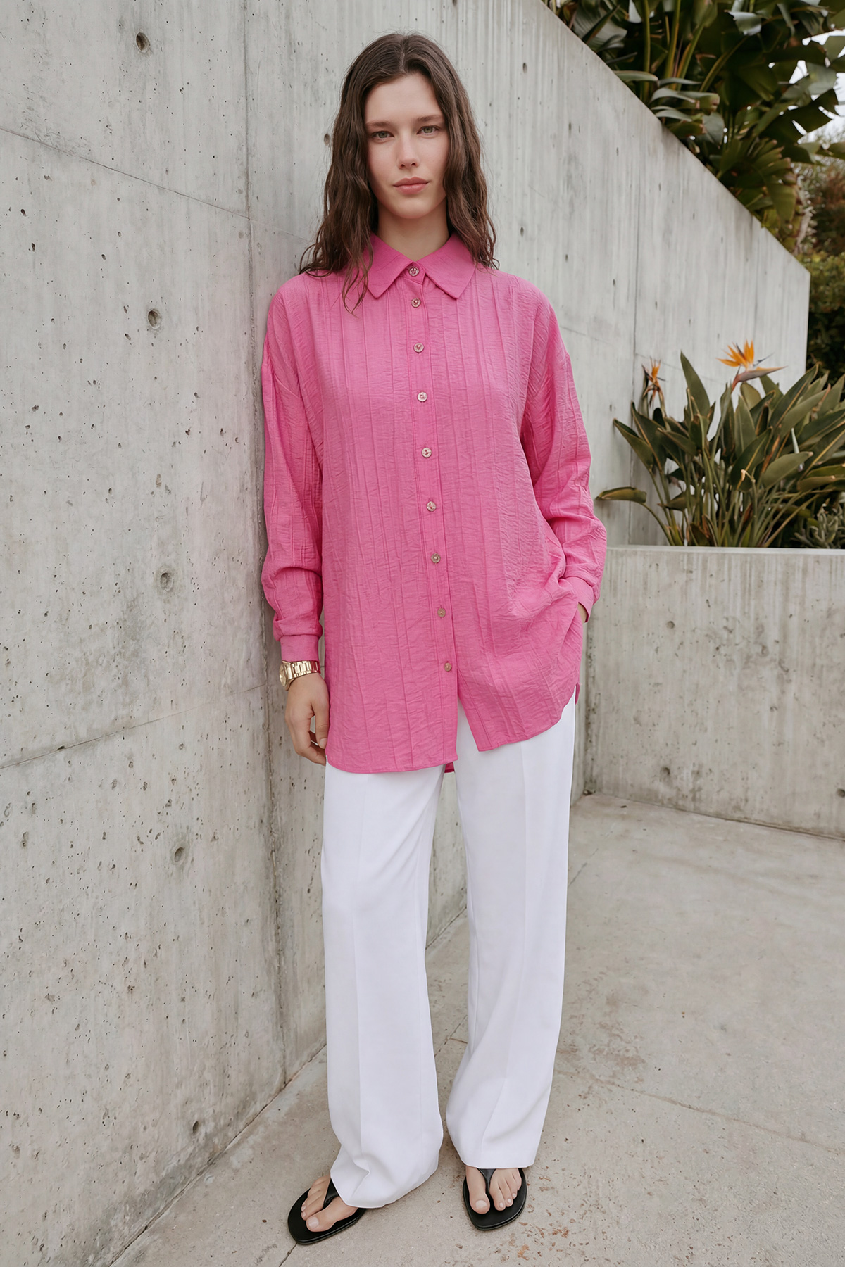 Çilek Kumaş Düğmeli Oversize Kadın Gömlek |  