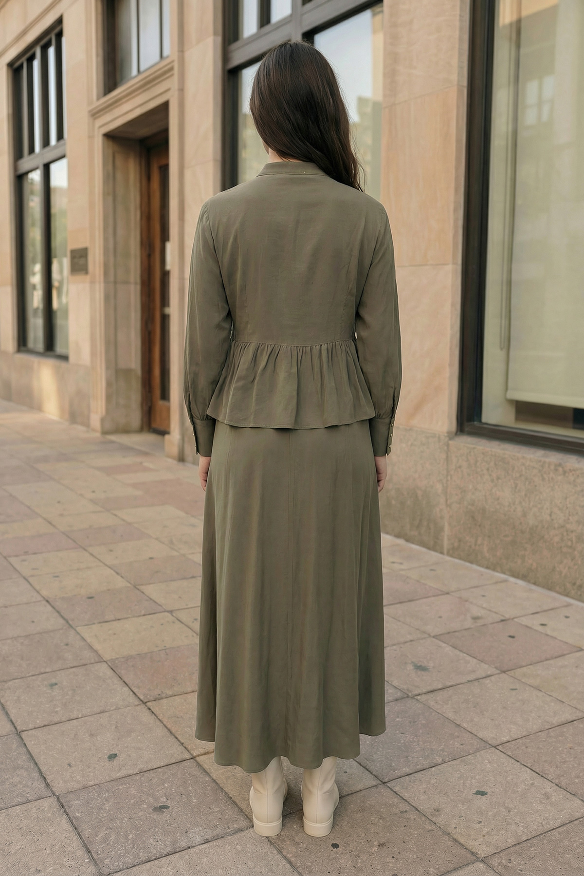 Modal Tensel Kumaş Düğmeli Büzgü Detaylı Ceket Etek Kadın Takım |  