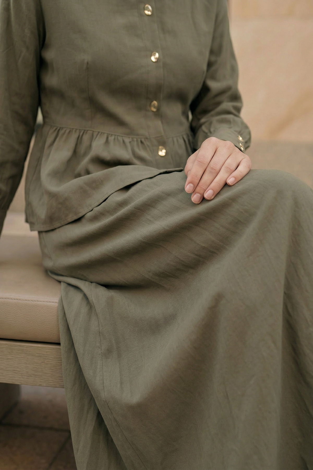 Modal Tensel Kumaş Düğmeli Büzgü Detaylı Ceket Etek Kadın Takım |  