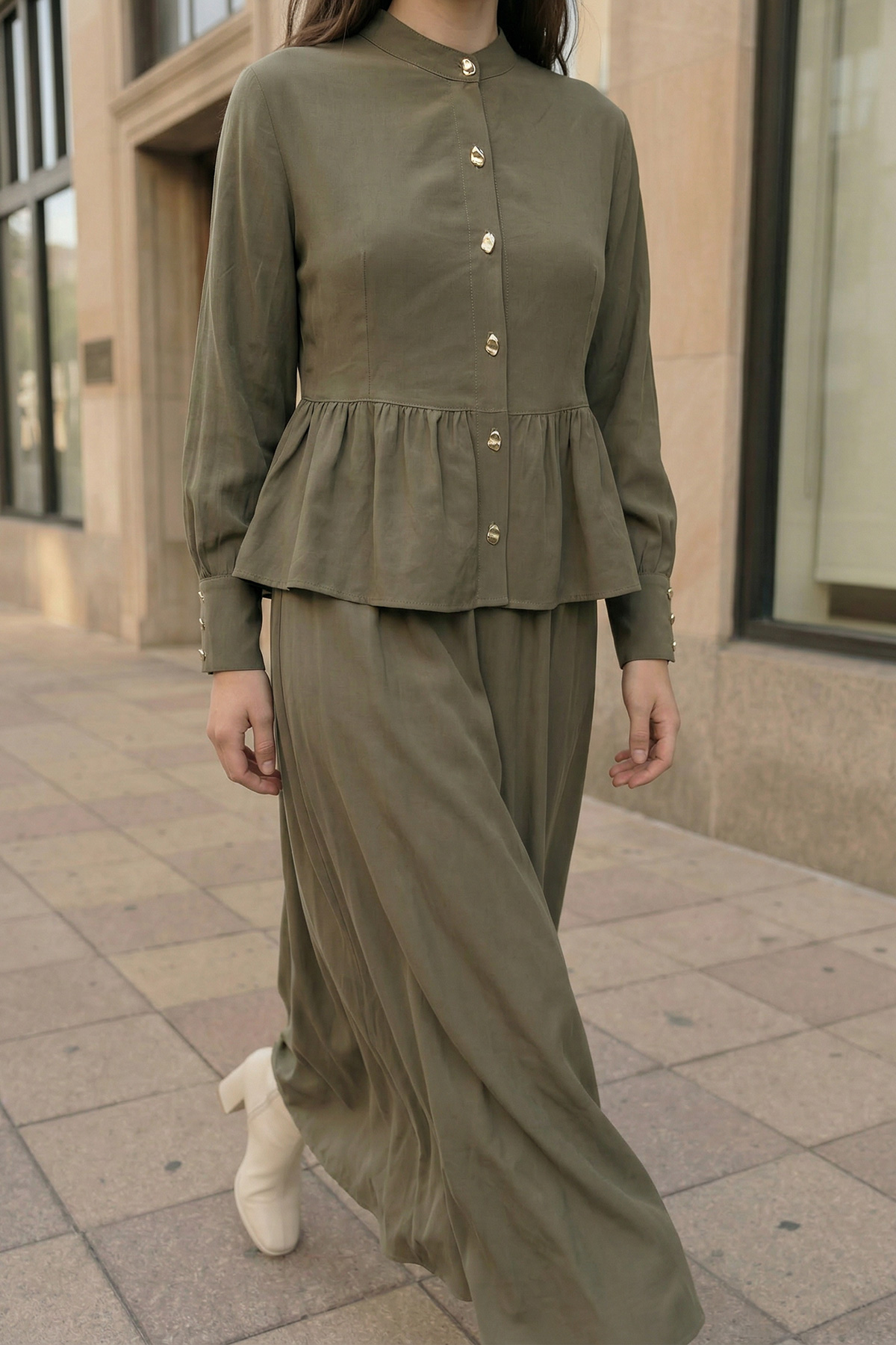 Modal Tensel Kumaş Düğmeli Büzgü Detaylı Ceket Etek Kadın Takım |  