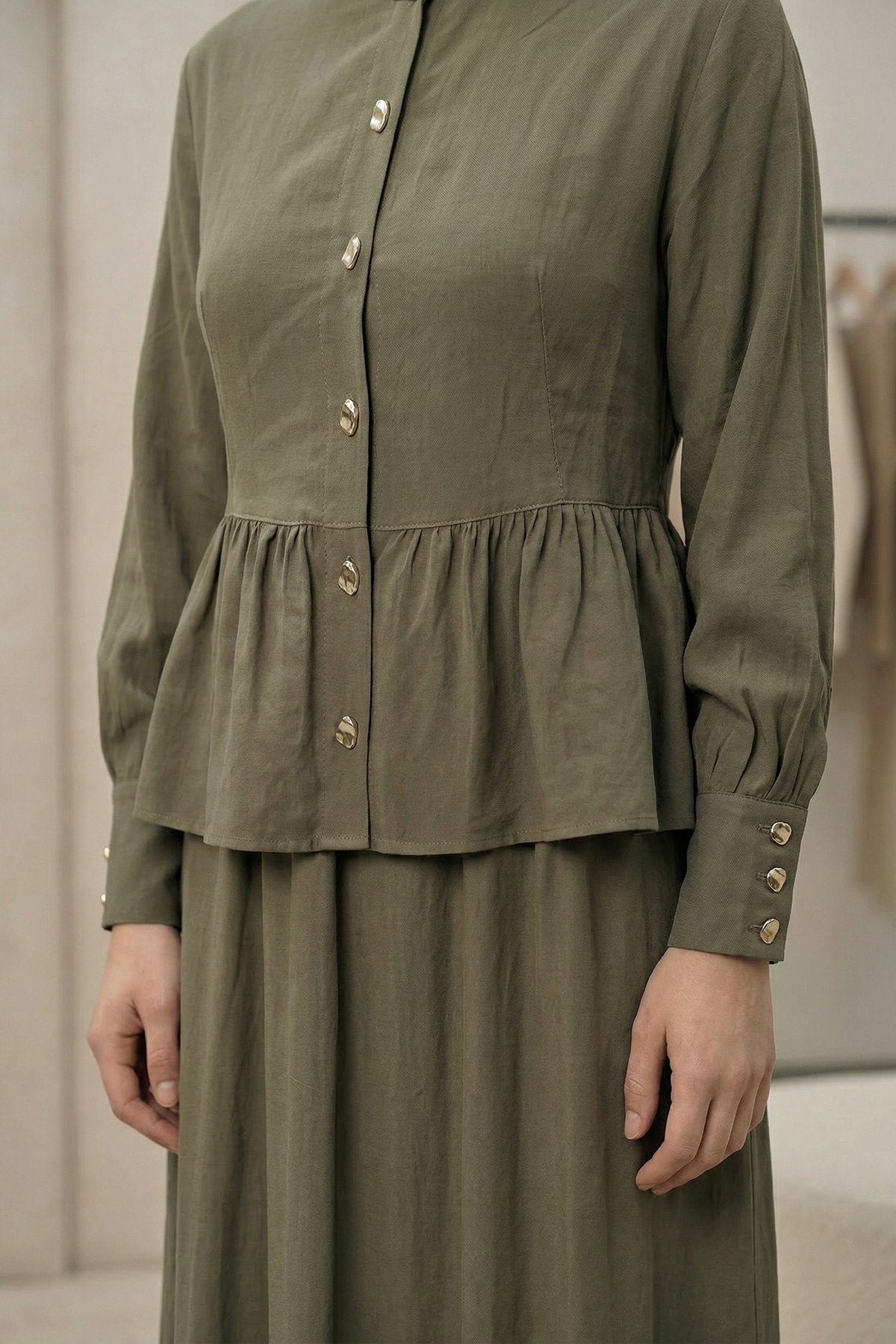 Modal Tensel Kumaş Düğmeli Büzgü Detaylı Ceket Etek Kadın Takım |  