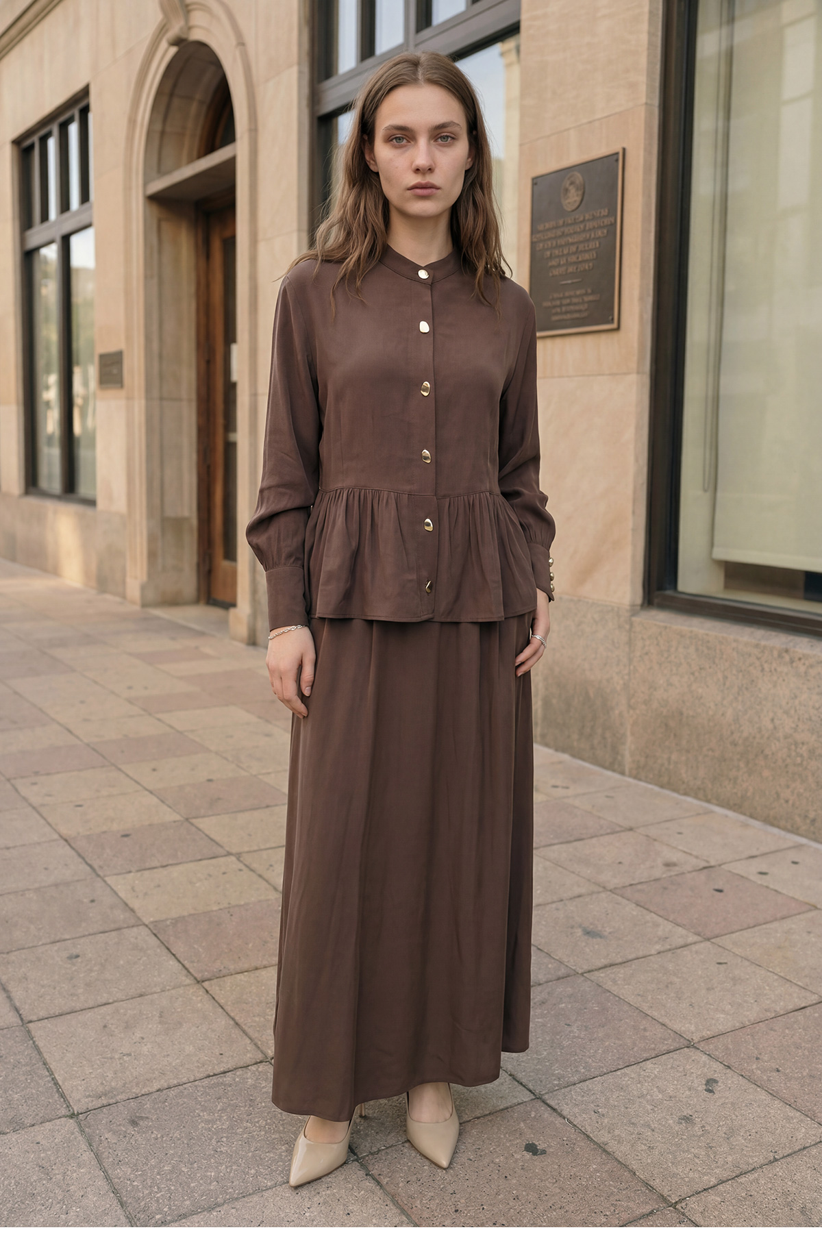 Modal Tensel Kumaş Düğmeli Büzgü Detaylı Ceket Etek Kadın Takım |  