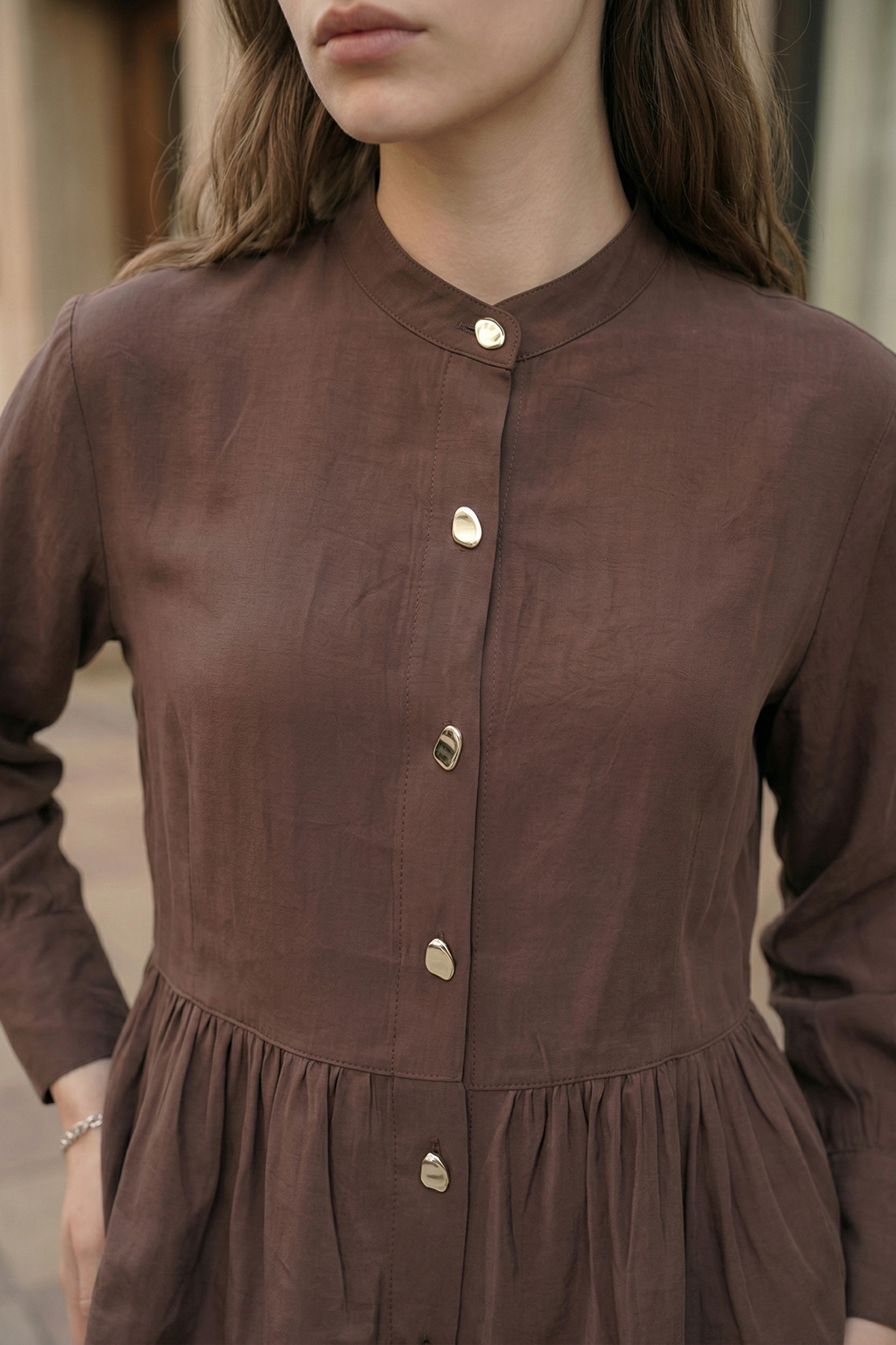 Modal Tensel Kumaş Düğmeli Büzgü Detaylı Ceket Etek Kadın Takım |  