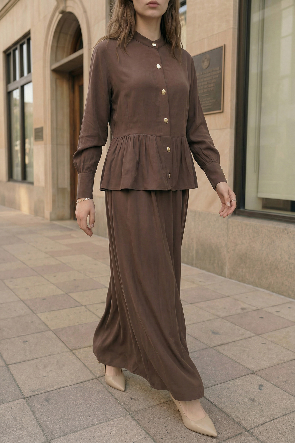 Modal Tensel Kumaş Düğmeli Büzgü Detaylı Ceket Etek Kadın Takım |  