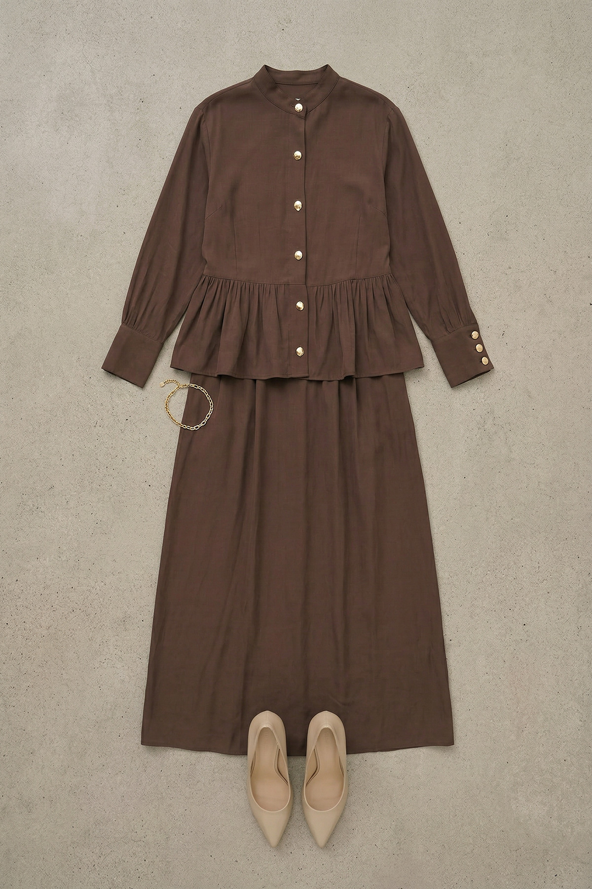 Modal Tensel Kumaş Düğmeli Büzgü Detaylı Ceket Etek Kadın Takım |  