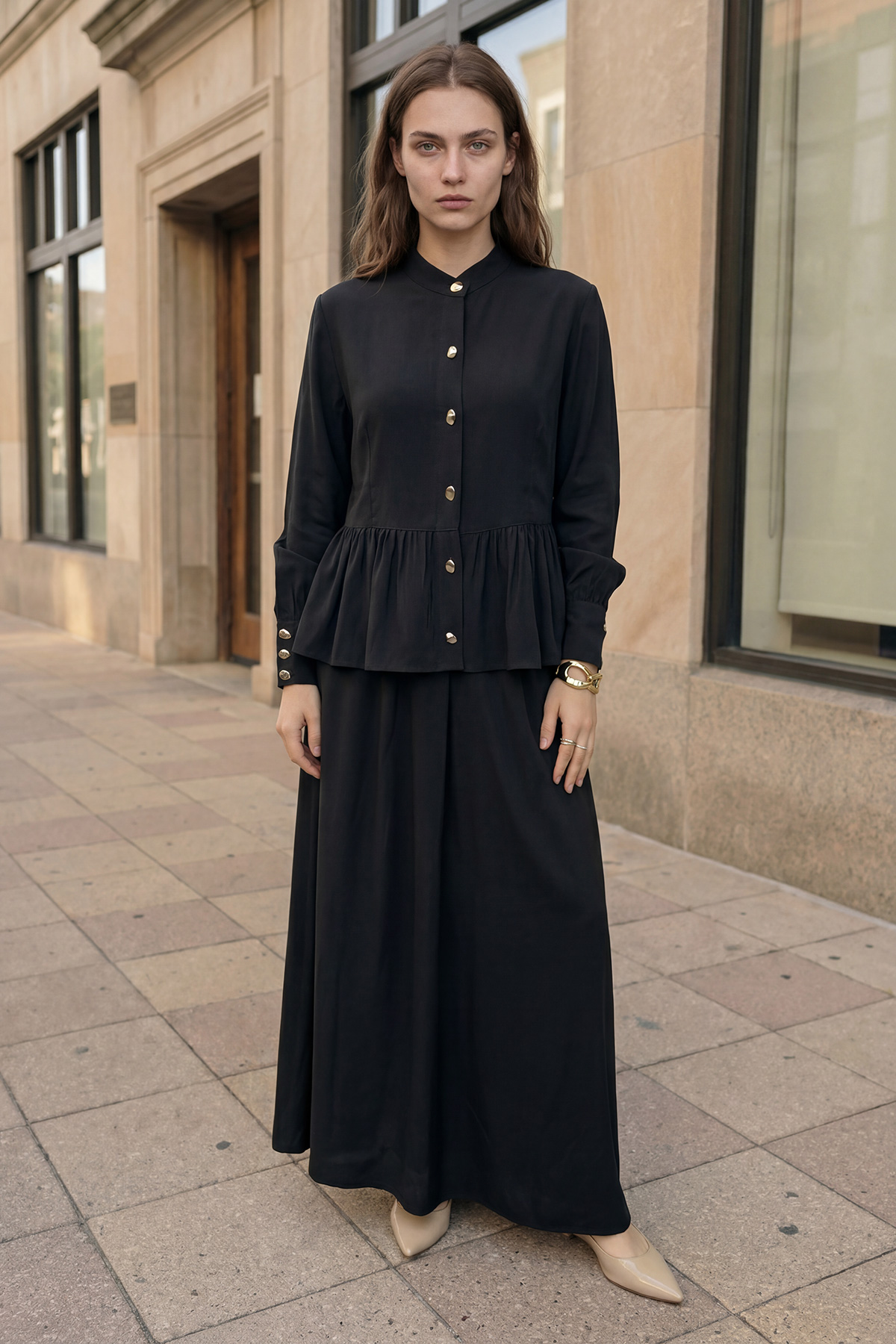 Modal Tensel Kumaş Düğmeli Büzgü Detaylı Ceket Etek Kadın Takım |  