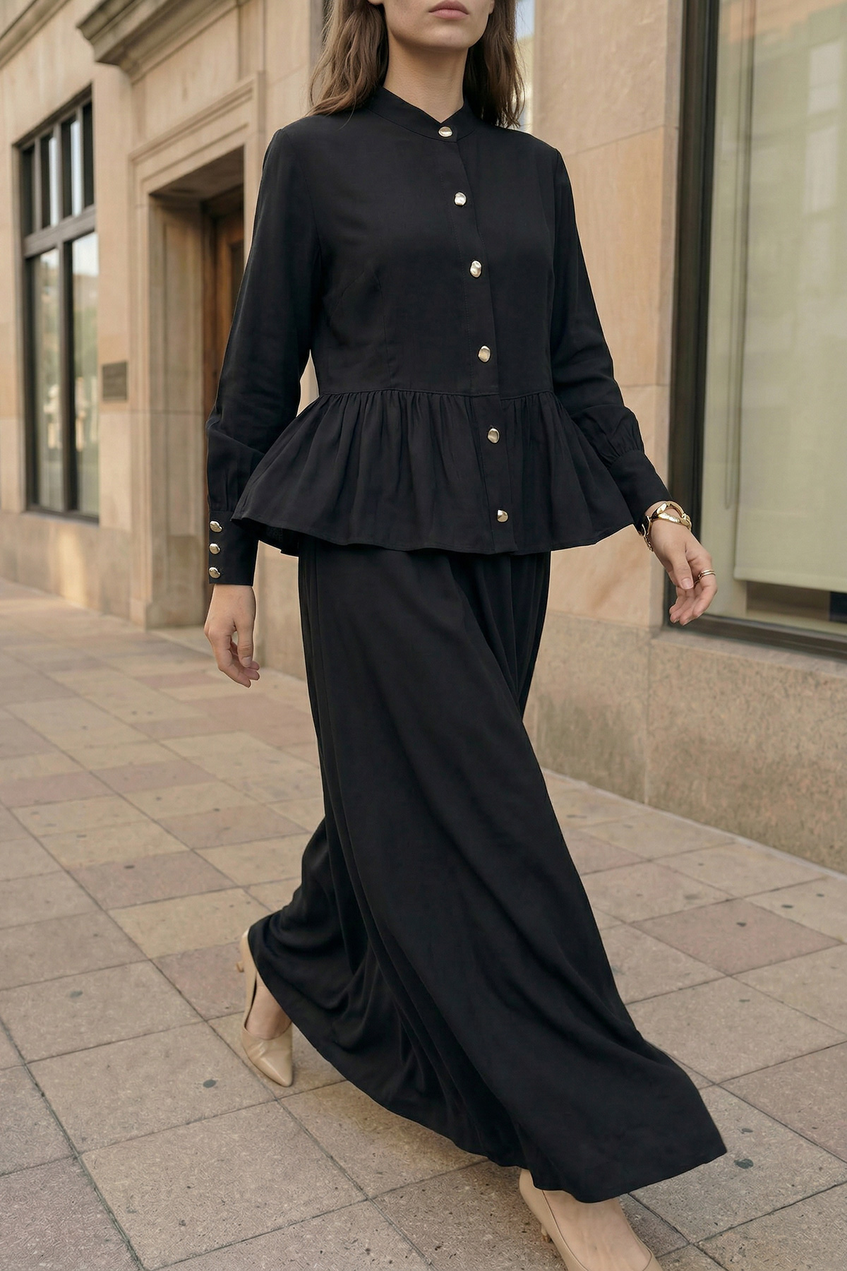 Modal Tensel Kumaş Düğmeli Büzgü Detaylı Ceket Etek Kadın Takım |  