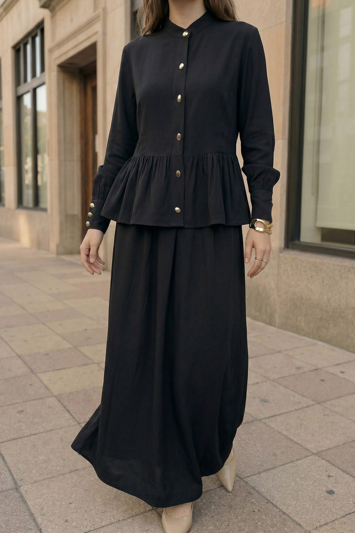 Modal Tensel Kumaş Düğmeli Büzgü Detaylı Ceket Etek Kadın Takım |  