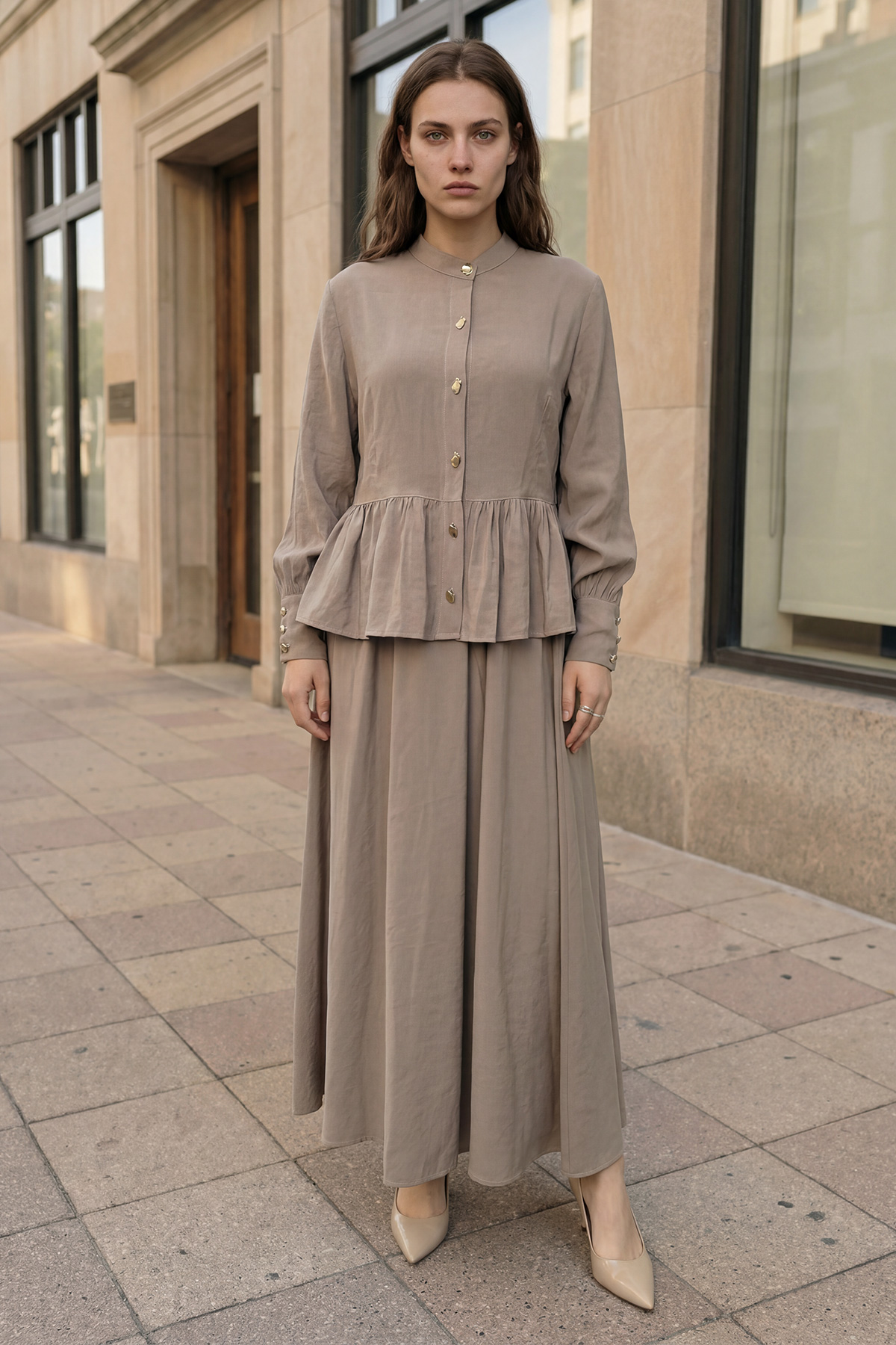 Modal Tensel Kumaş Düğmeli Büzgü Detaylı Ceket Etek Kadın Takım |  