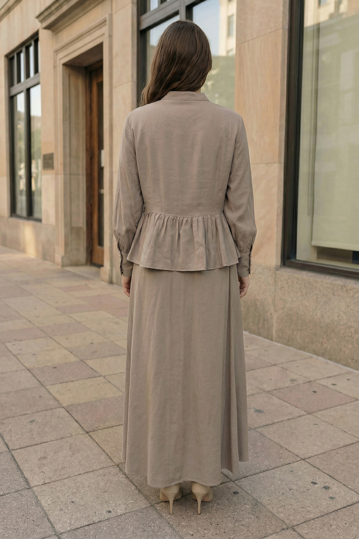 Modal Tensel Kumaş Düğmeli Büzgü Detaylı Ceket Etek Kadın Takım |  