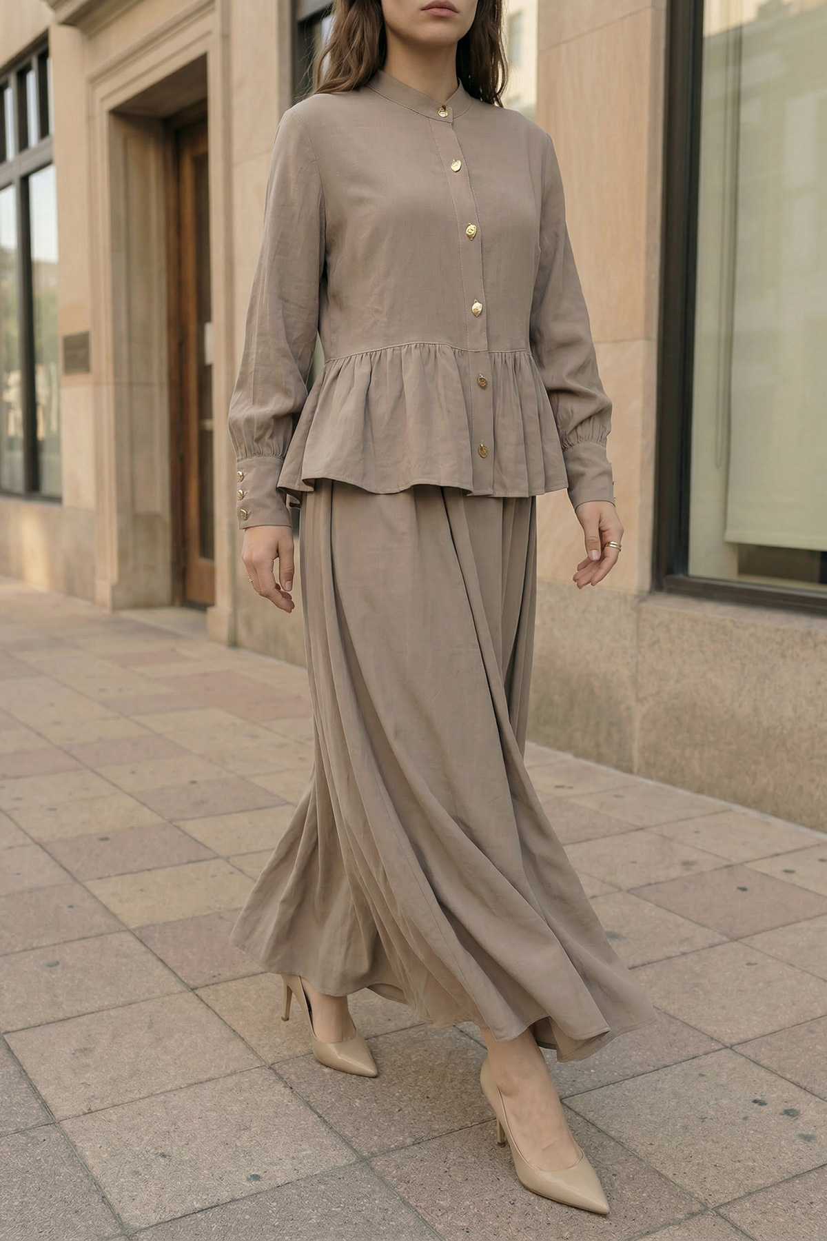 Modal Tensel Kumaş Düğmeli Büzgü Detaylı Ceket Etek Kadın Takım |  