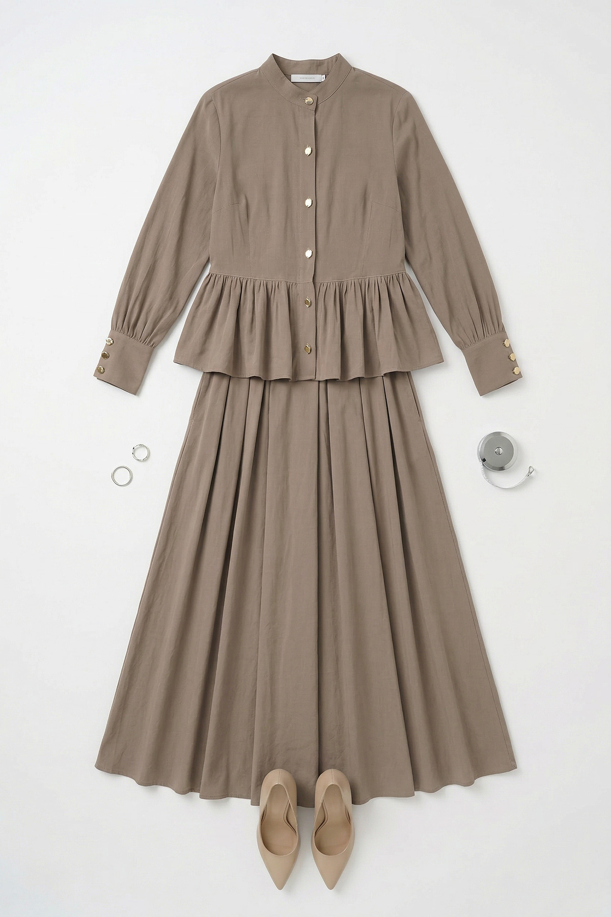 Modal Tensel Kumaş Düğmeli Büzgü Detaylı Ceket Etek Kadın Takım |  