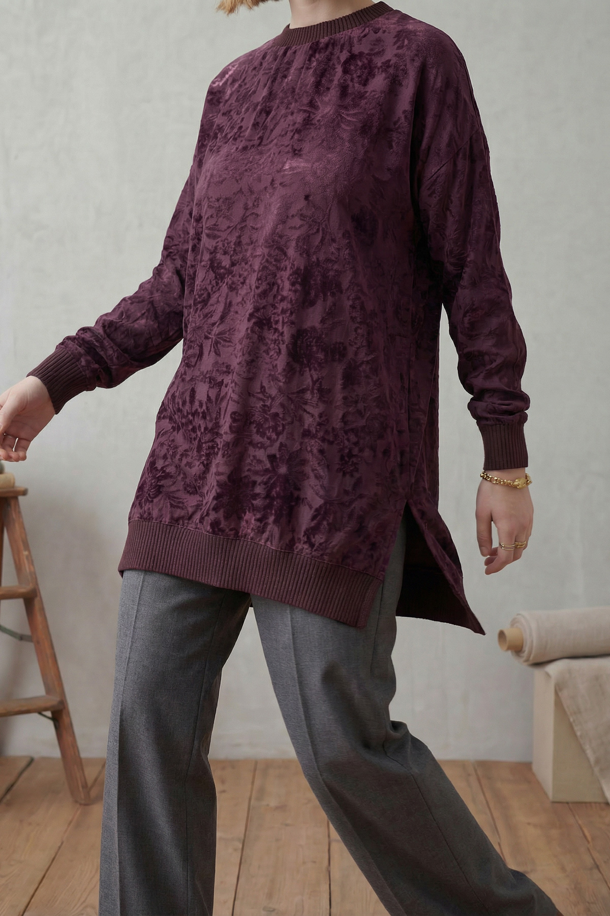 Baskılı Jakar Kumaş Yırtmaç Detaylı Kadın Tunik |  