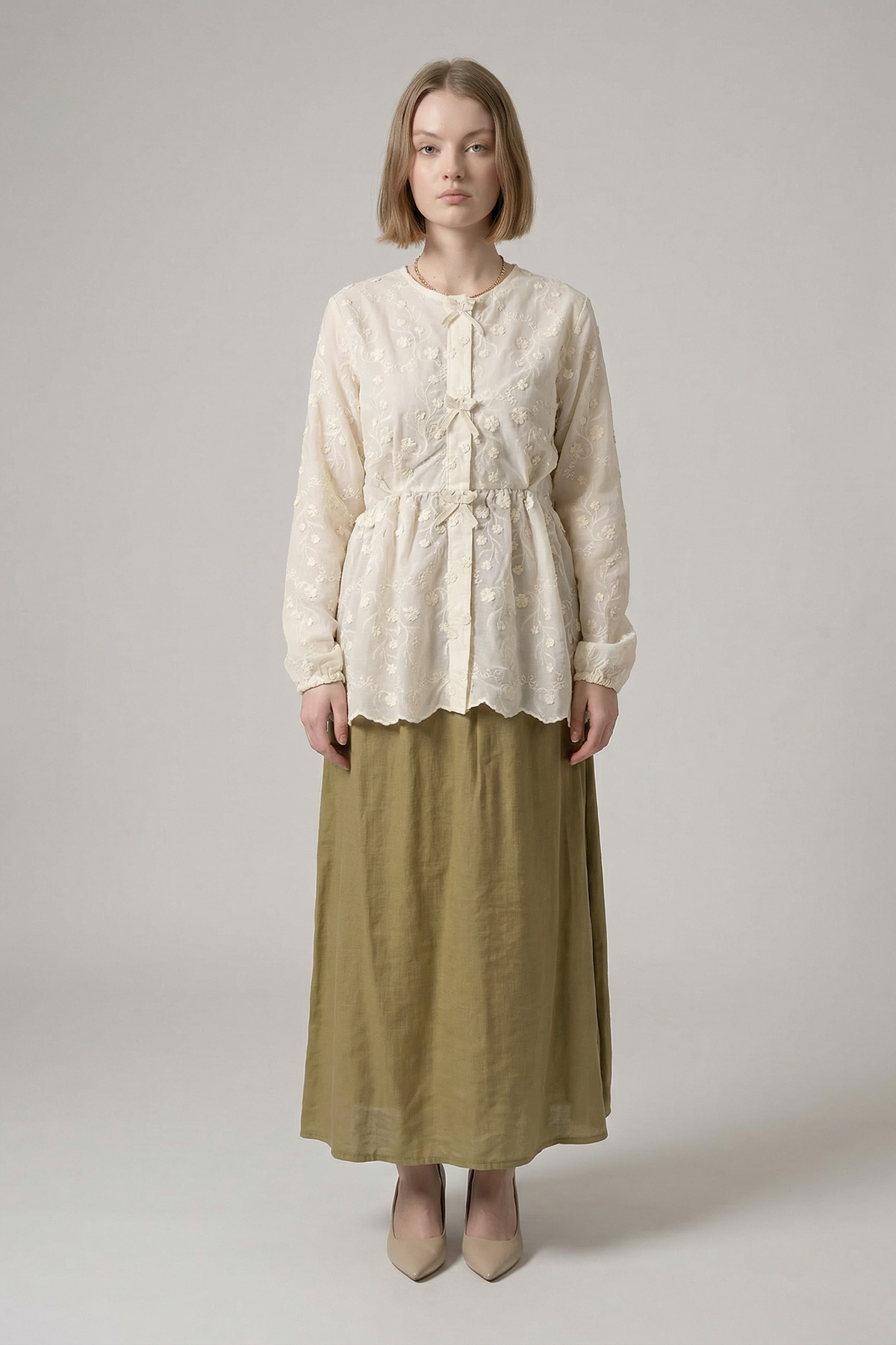 Oslo Kumaş Kurdele Detaylı Büzgülü Ceket Etek Kadın Takım |  