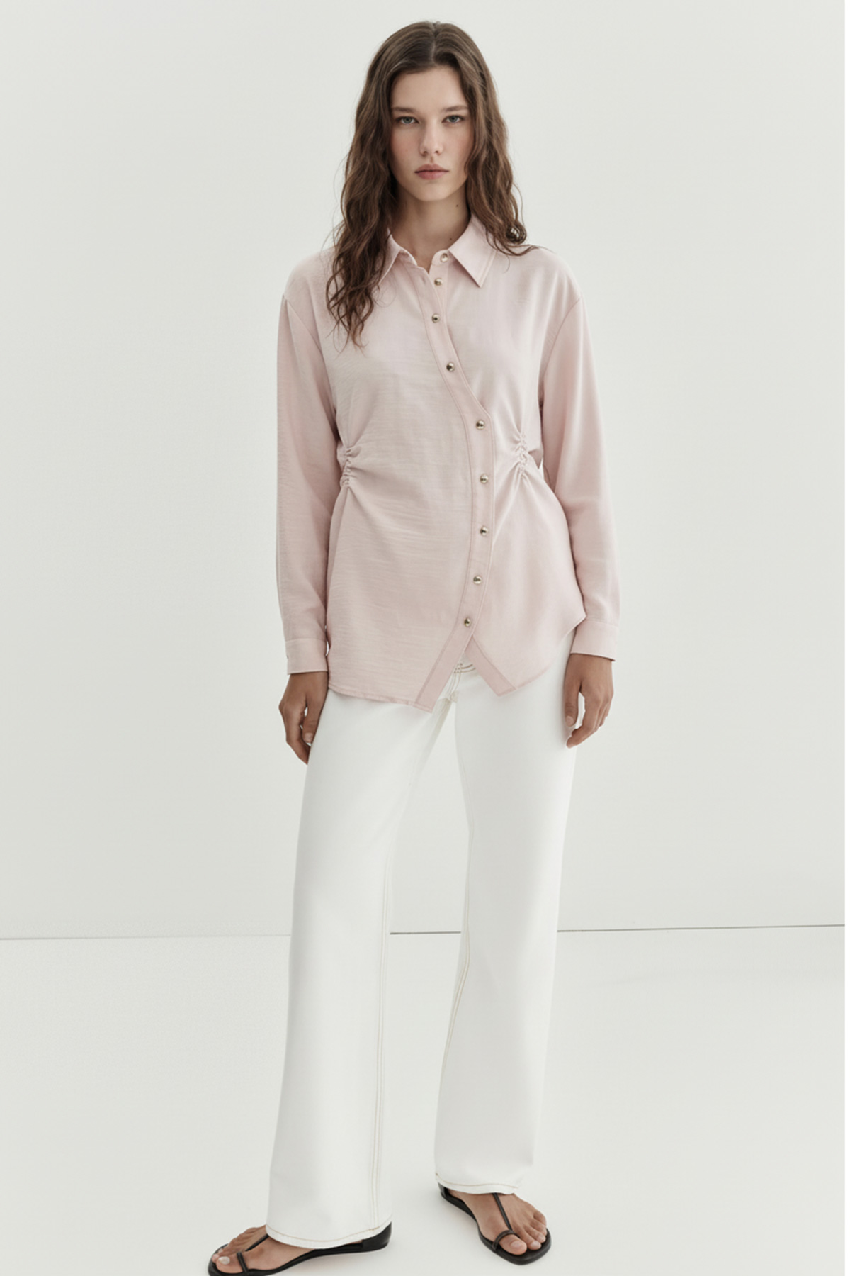 Fly Cupra Kumaş Yan Büzgü Detaylı Düğmeli Kadın Gömlek |  