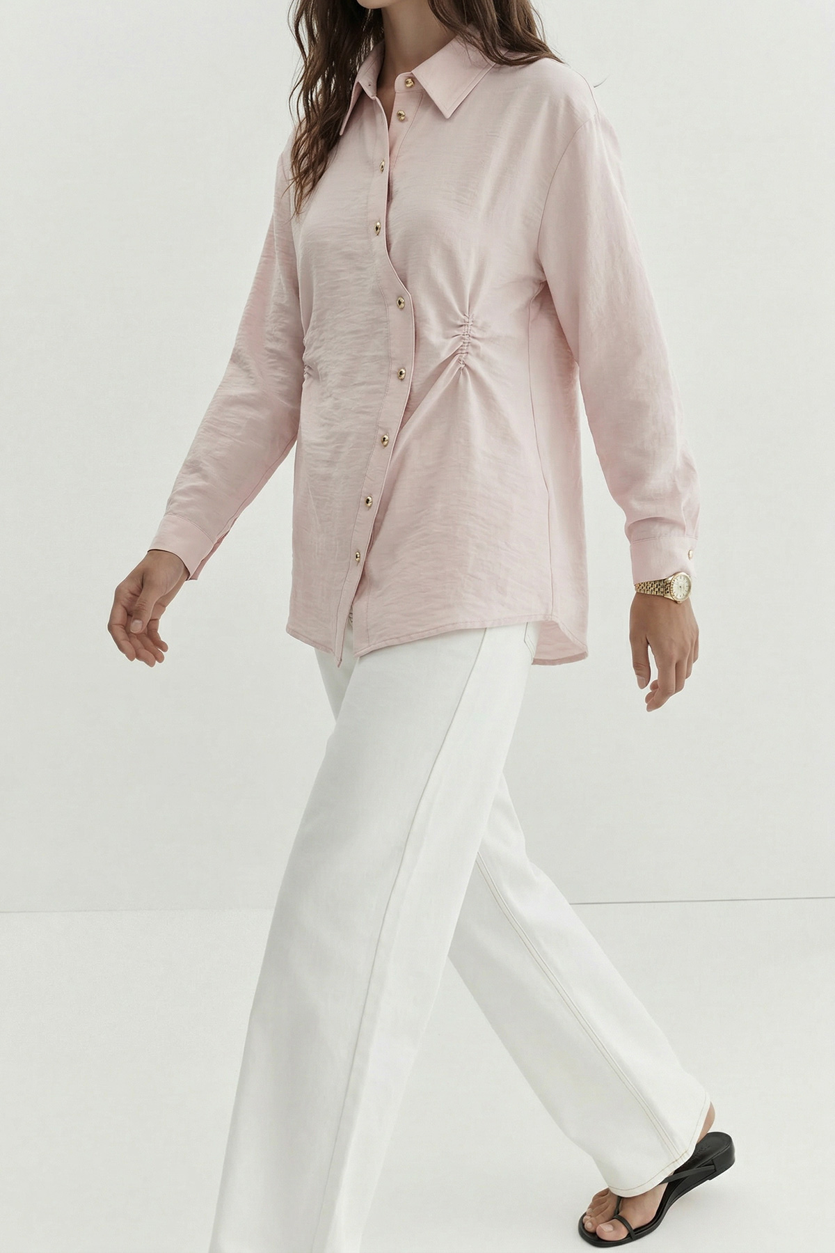 Fly Cupra Kumaş Yan Büzgü Detaylı Düğmeli Kadın Gömlek |  