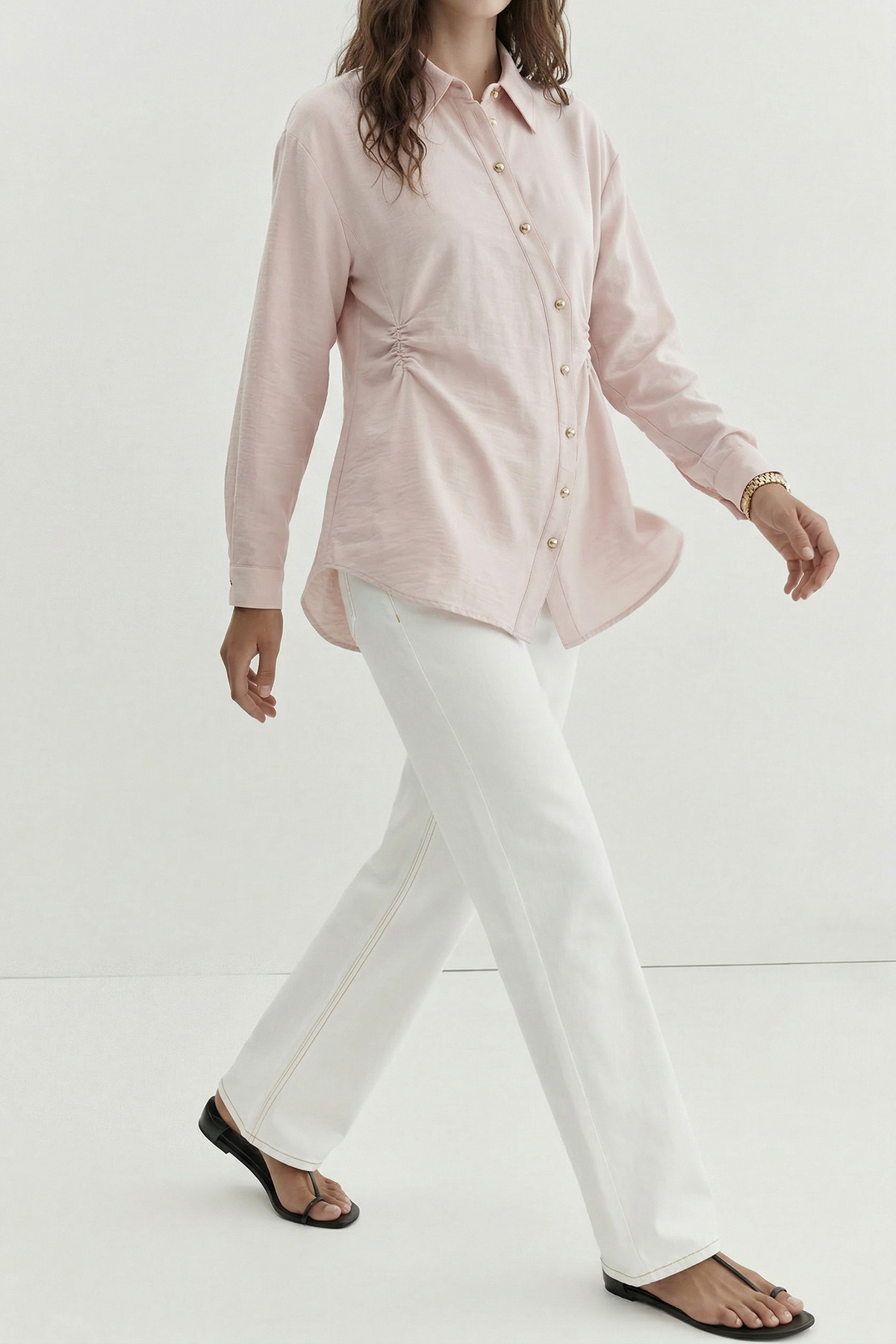 Fly Cupra Kumaş Yan Büzgü Detaylı Düğmeli Kadın Gömlek |  