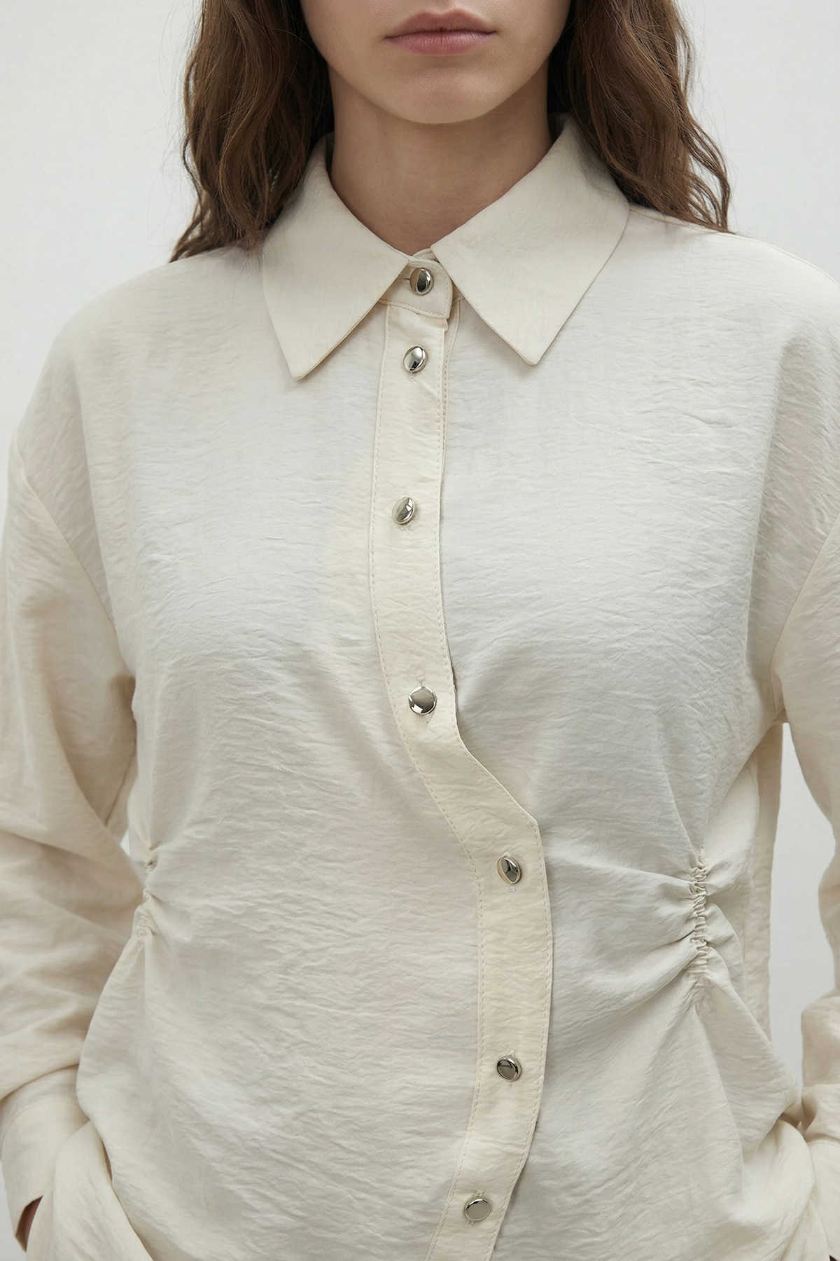 Fly Cupra Kumaş Yan Büzgü Detaylı Düğmeli Kadın Gömlek |  