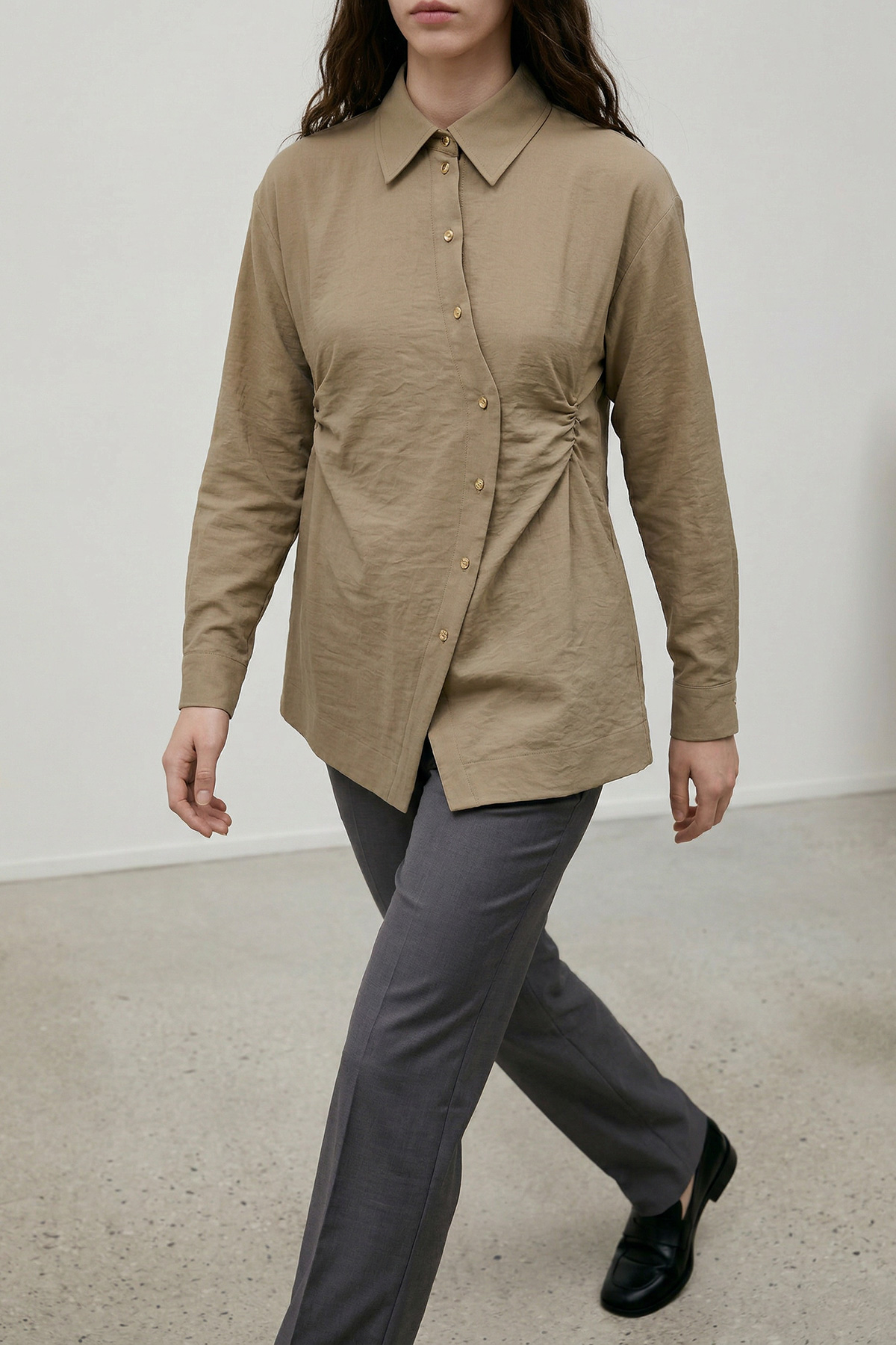 Fly Cupra Kumaş Yan Büzgü Detaylı Düğmeli Kadın Gömlek |  