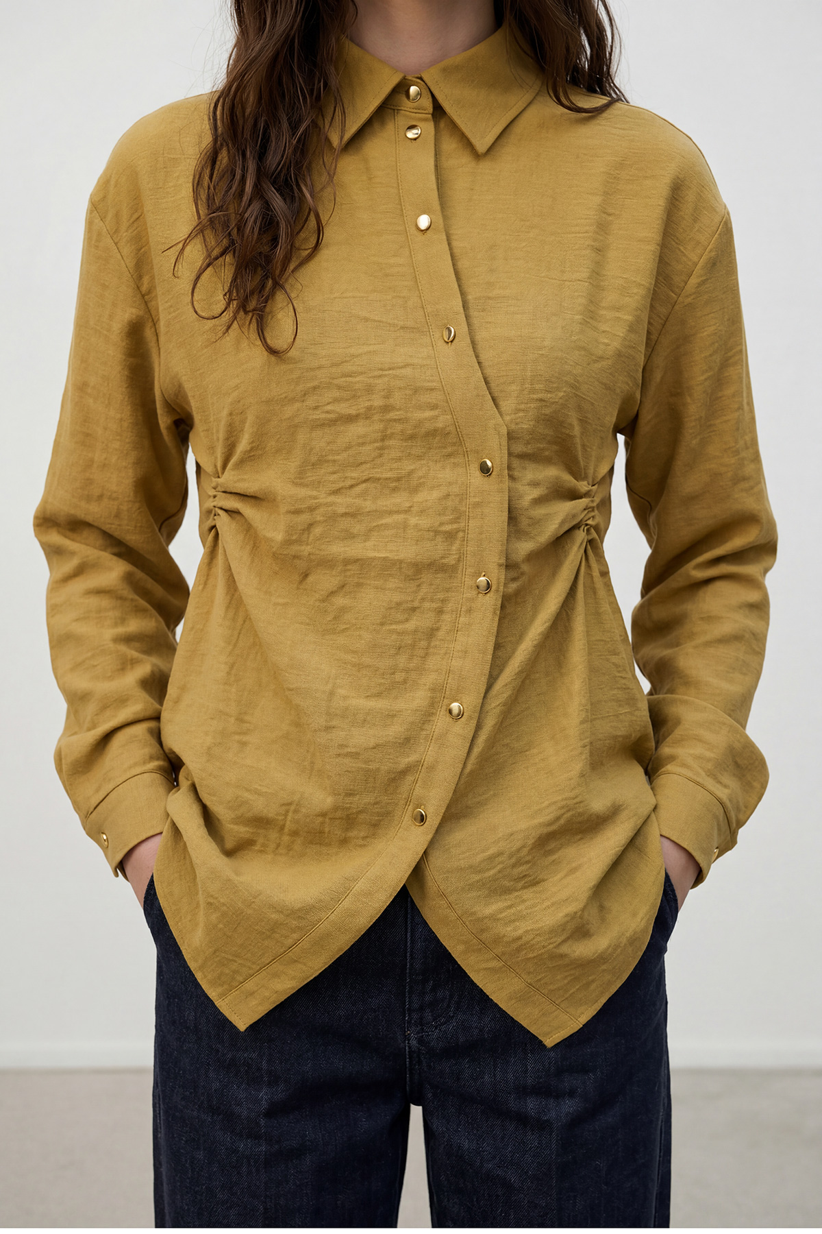 Fly Cupra Kumaş Yan Büzgü Detaylı Düğmeli Kadın Gömlek |  