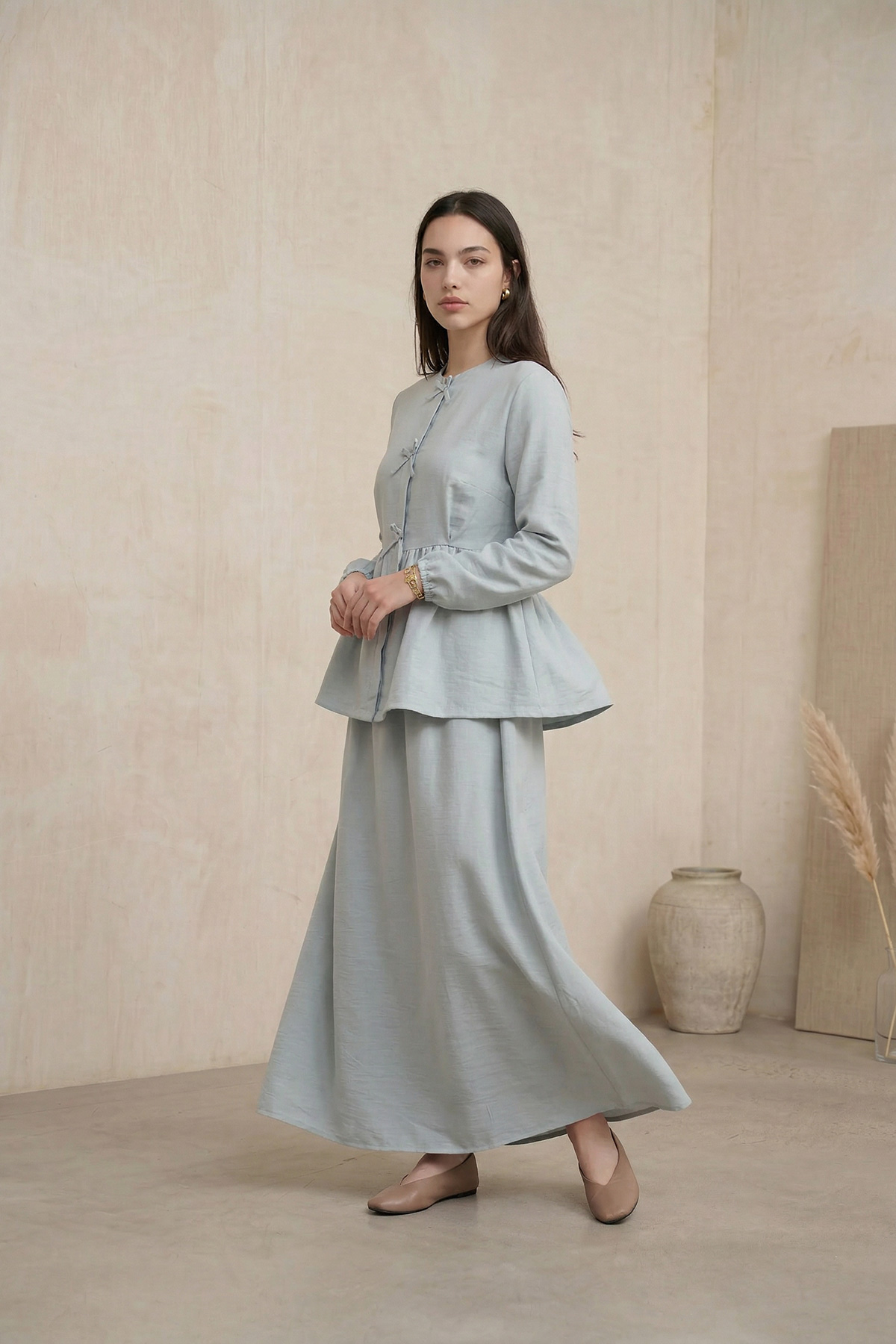 Fly Cupra Kumaş Kurdele Detaylı Büzgülü Bluz Etek Takım |  