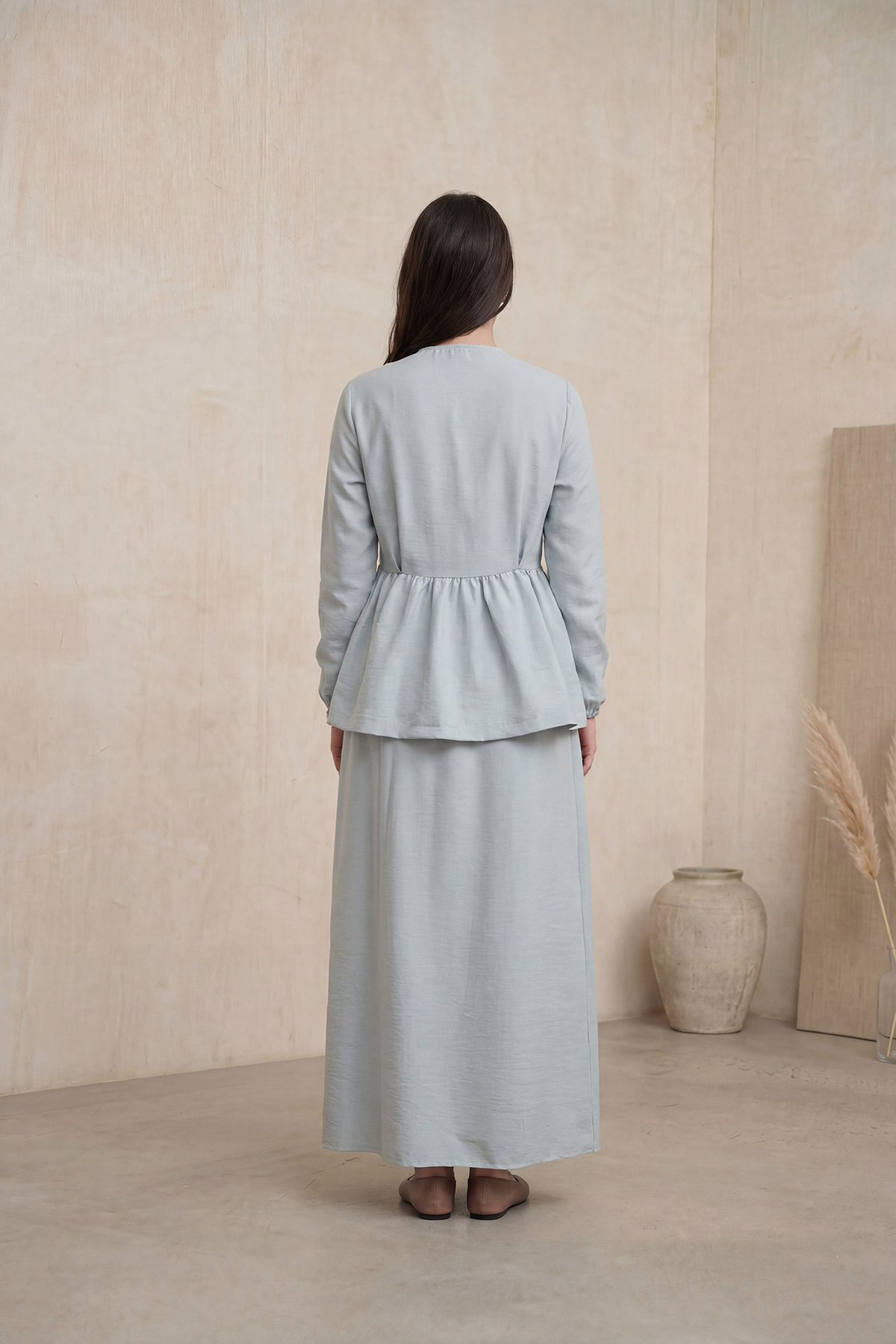 Fly Cupra Kumaş Kurdele Detaylı Büzgülü Bluz Etek Takım |  