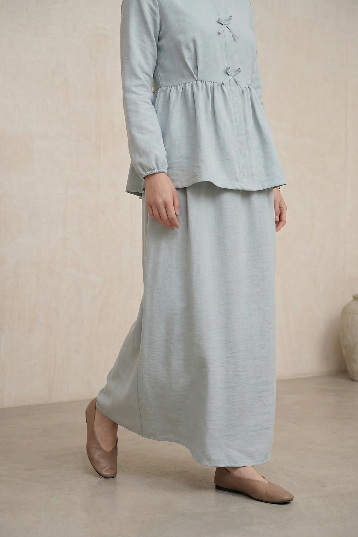 Fly Cupra Kumaş Kurdele Detaylı Büzgülü Bluz Etek Takım |  