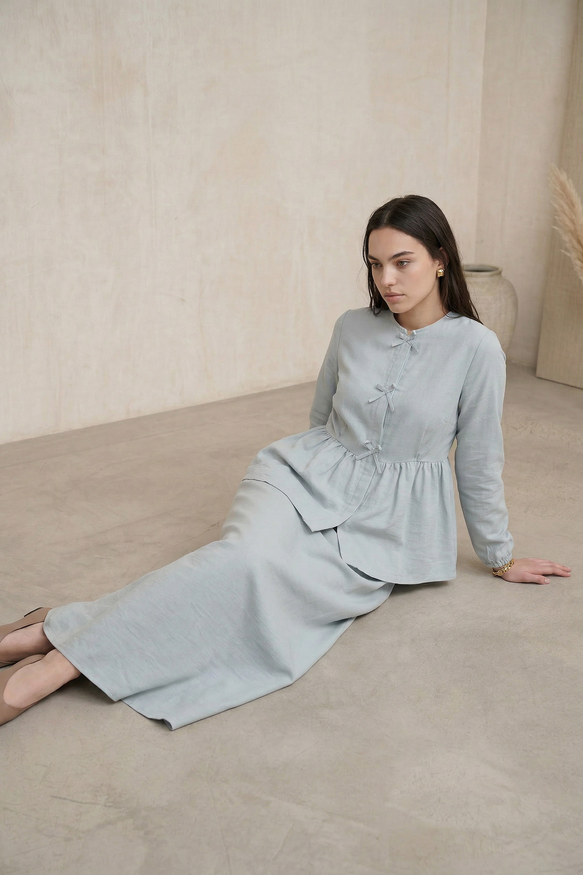 Fly Cupra Kumaş Kurdele Detaylı Büzgülü Bluz Etek Takım |  