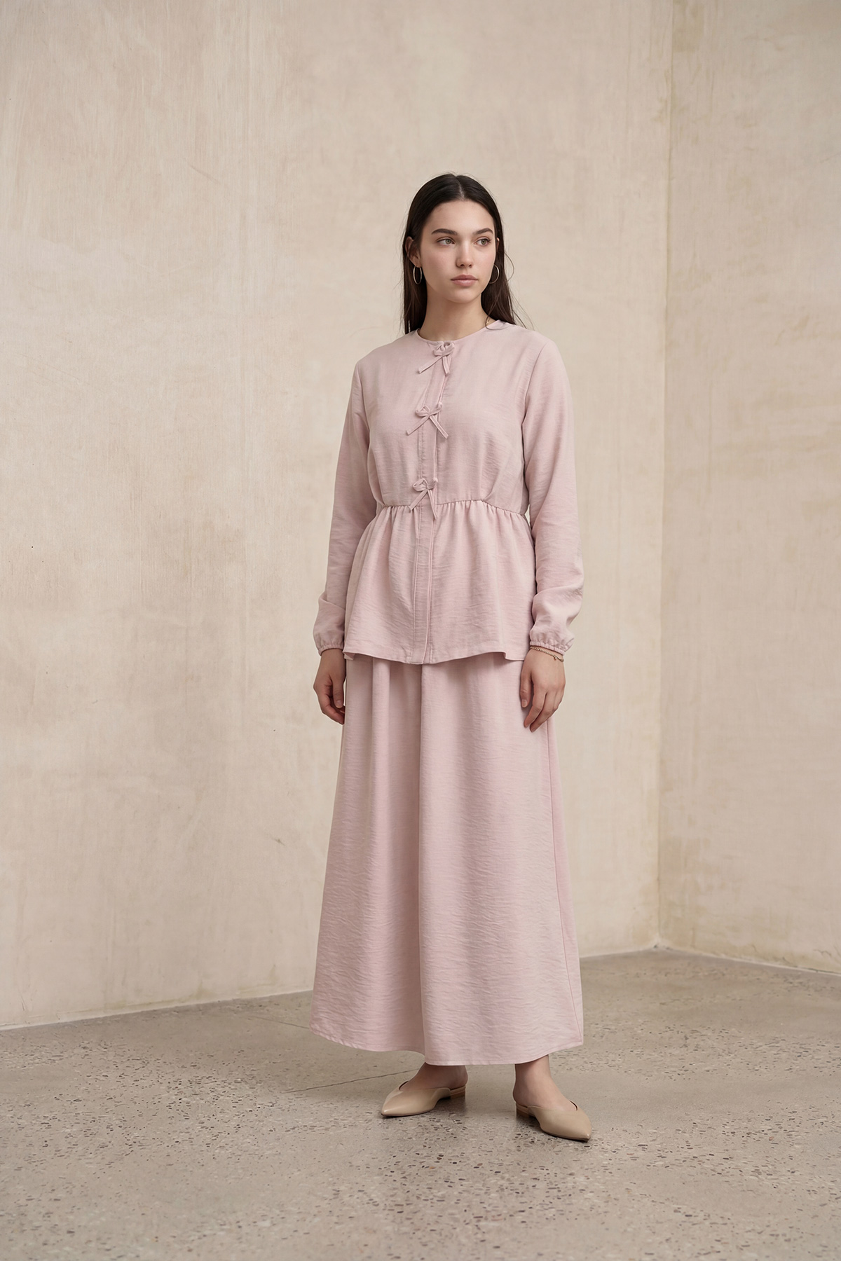 Fly Cupra Kumaş Kurdele Detaylı Büzgülü Bluz Etek Takım |  